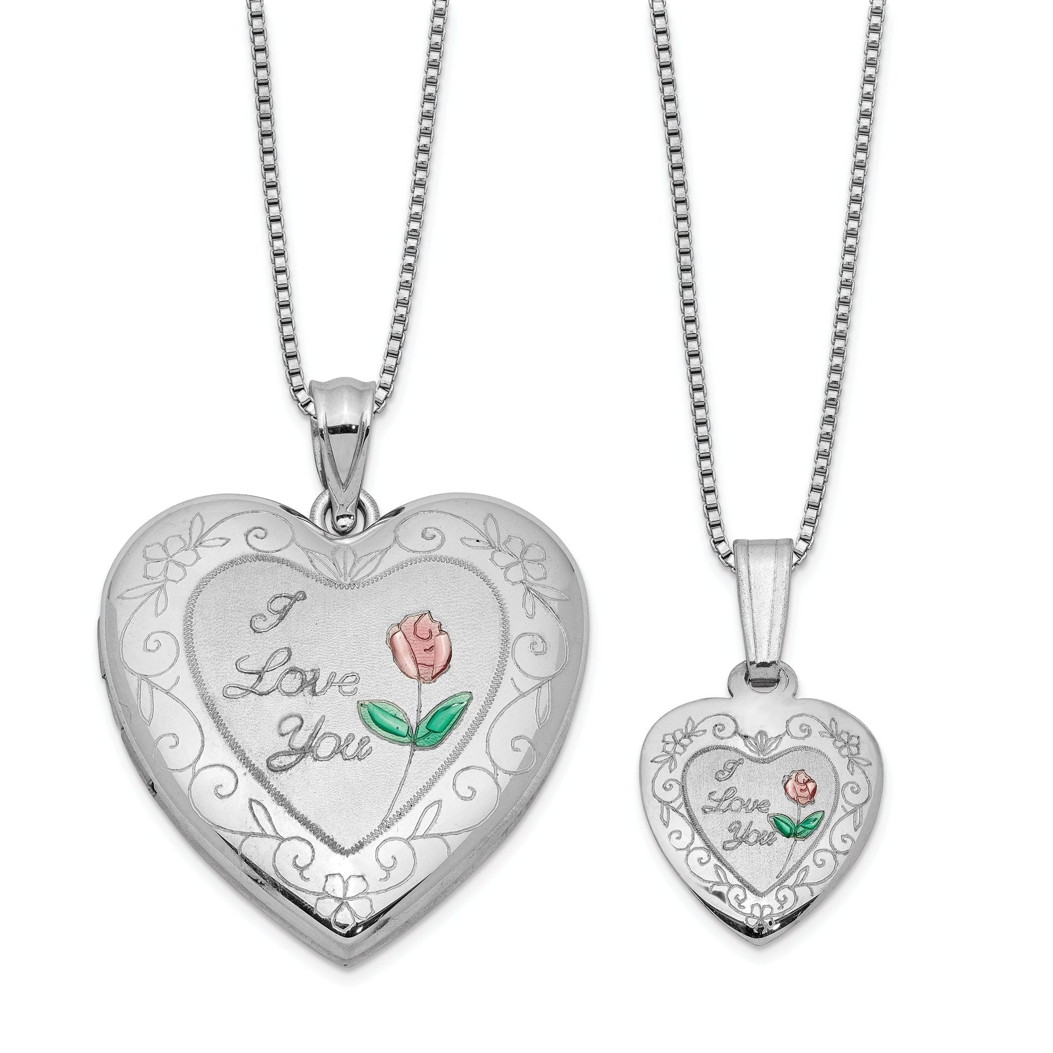 Sterling Silver Rhodium-plated Enameled Polished/Satin Rose I Love You Heart Mom 18in Locket & Daughter 14in Pendant Necklace Set Main image