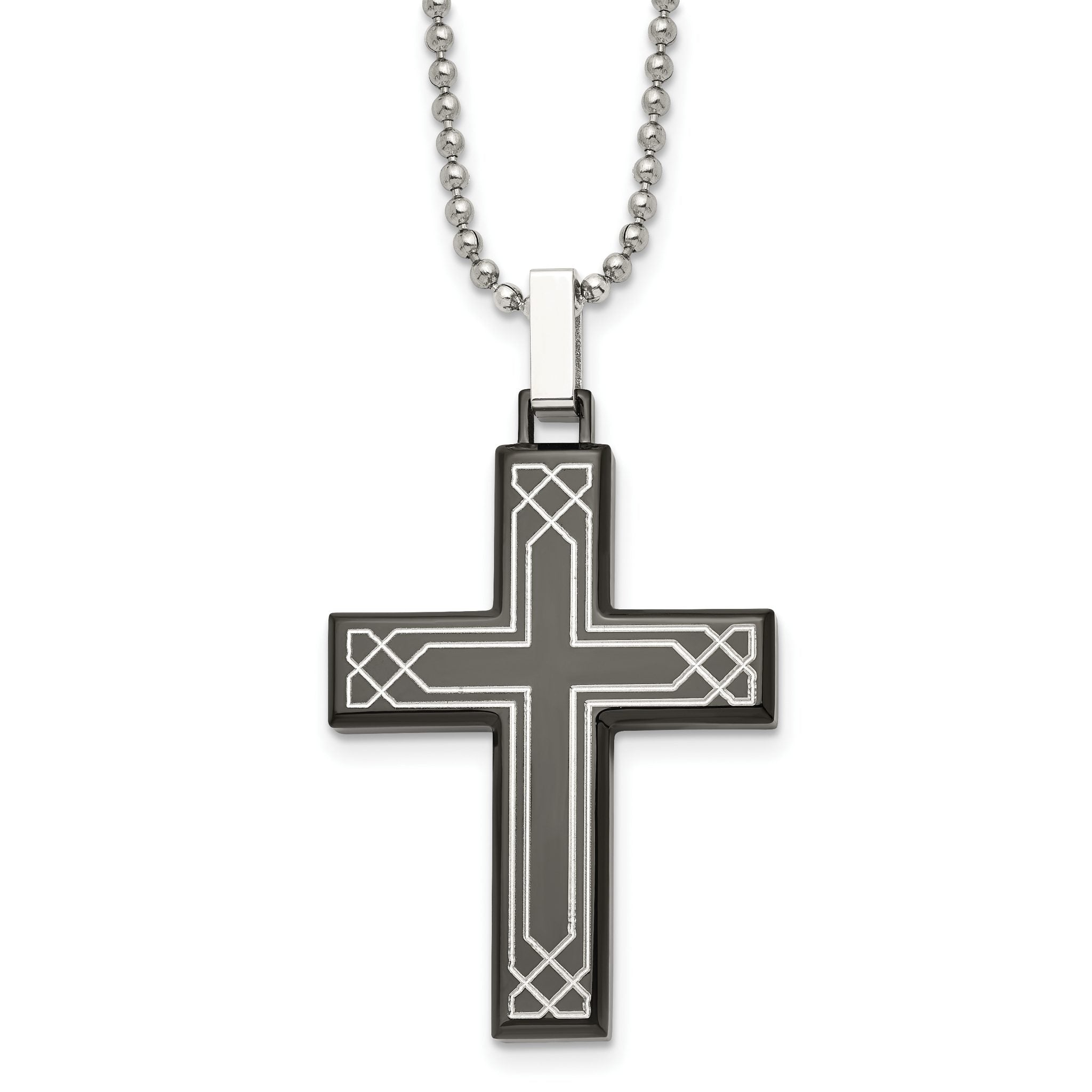 Chisel Stainless Steel Polished Laser Etched Black IP-plated Cross Pendant on a 24 inch Ball Chain Necklace Main image