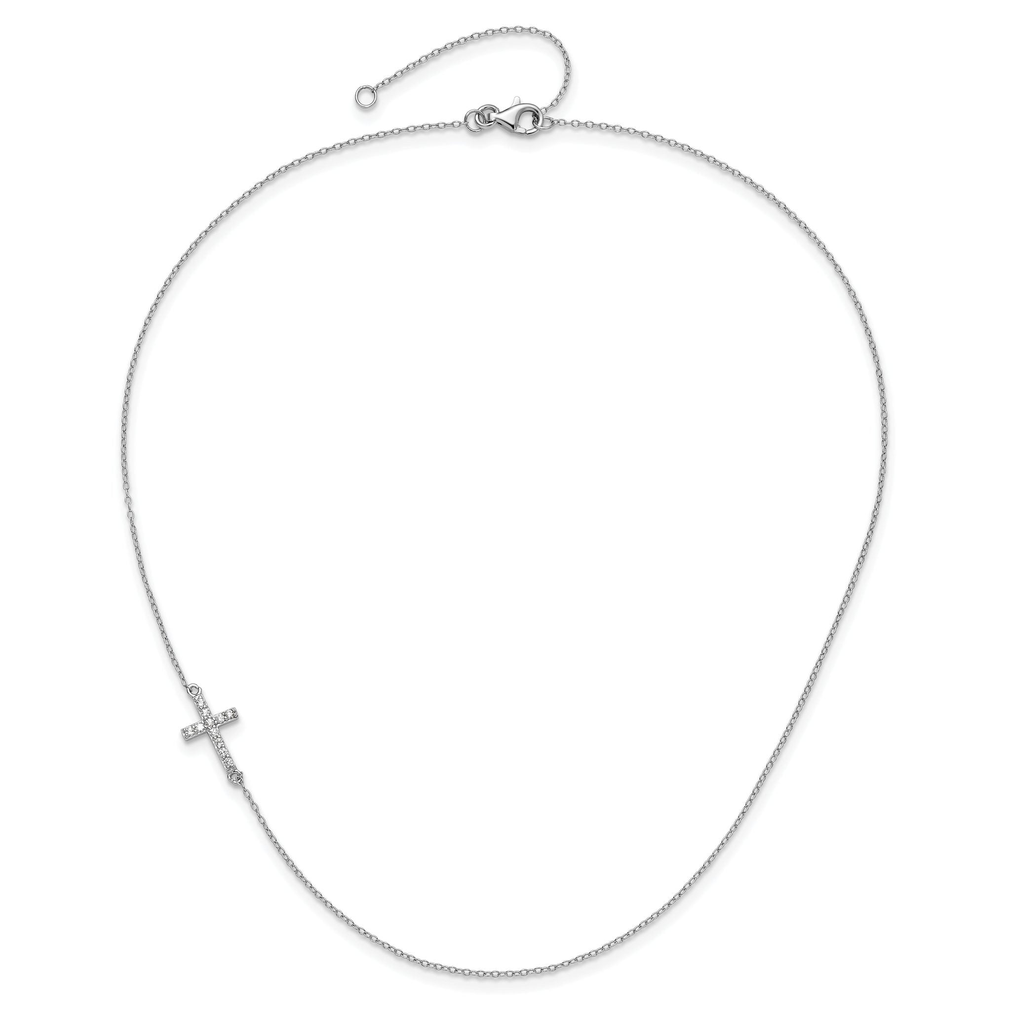 Sterling Silver Rhod-pltd CZ Offset Sideways Cross With 2in Ext Necklace