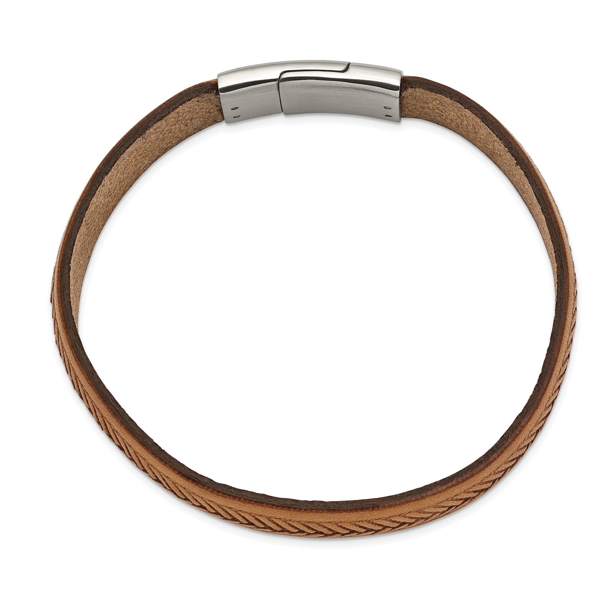 Stainless Steel Polished Textured Tan Italian Leather Bracelet for Men Secondary image
