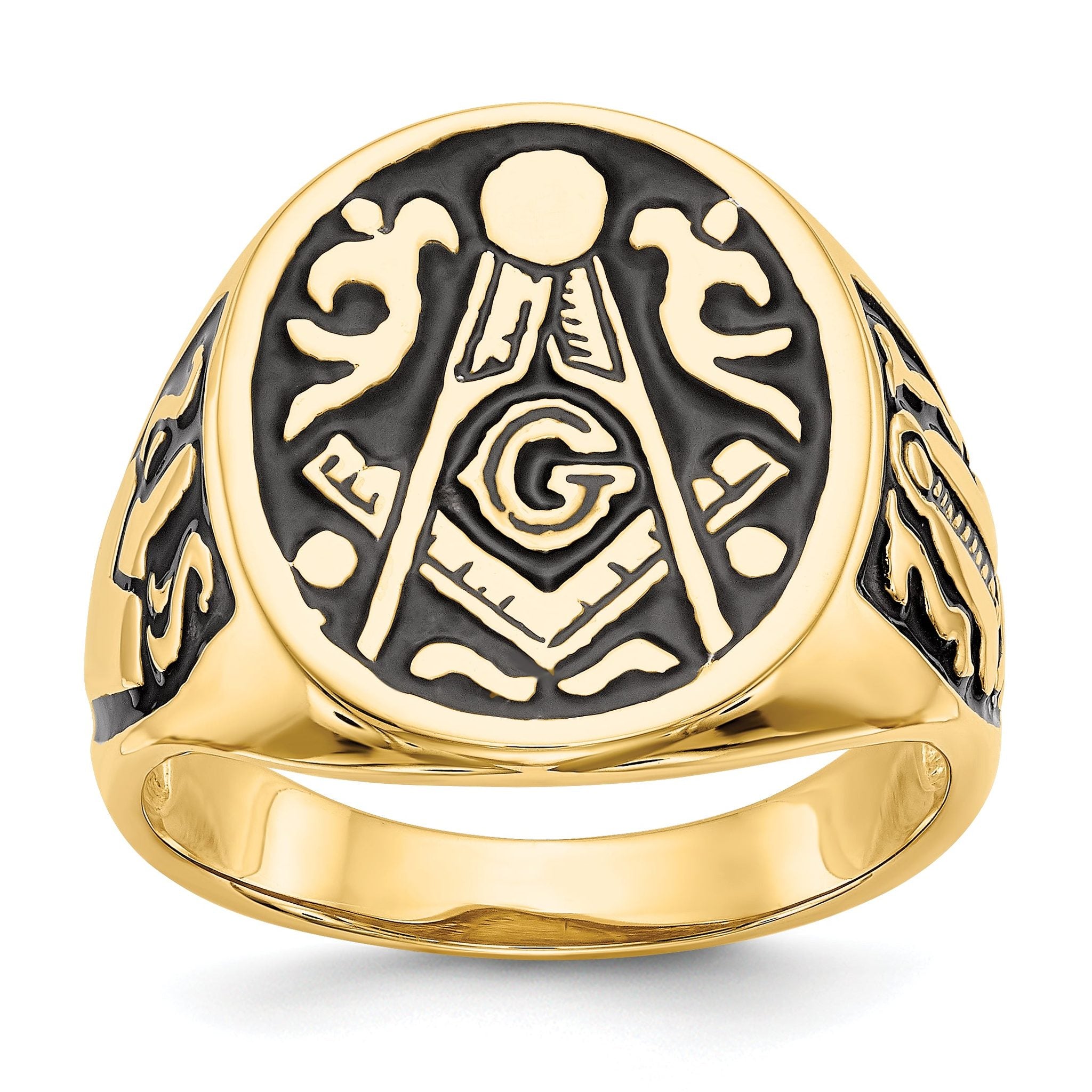 14k Men's Polished and Grooved with Black Enamel Masonic Ring Main image