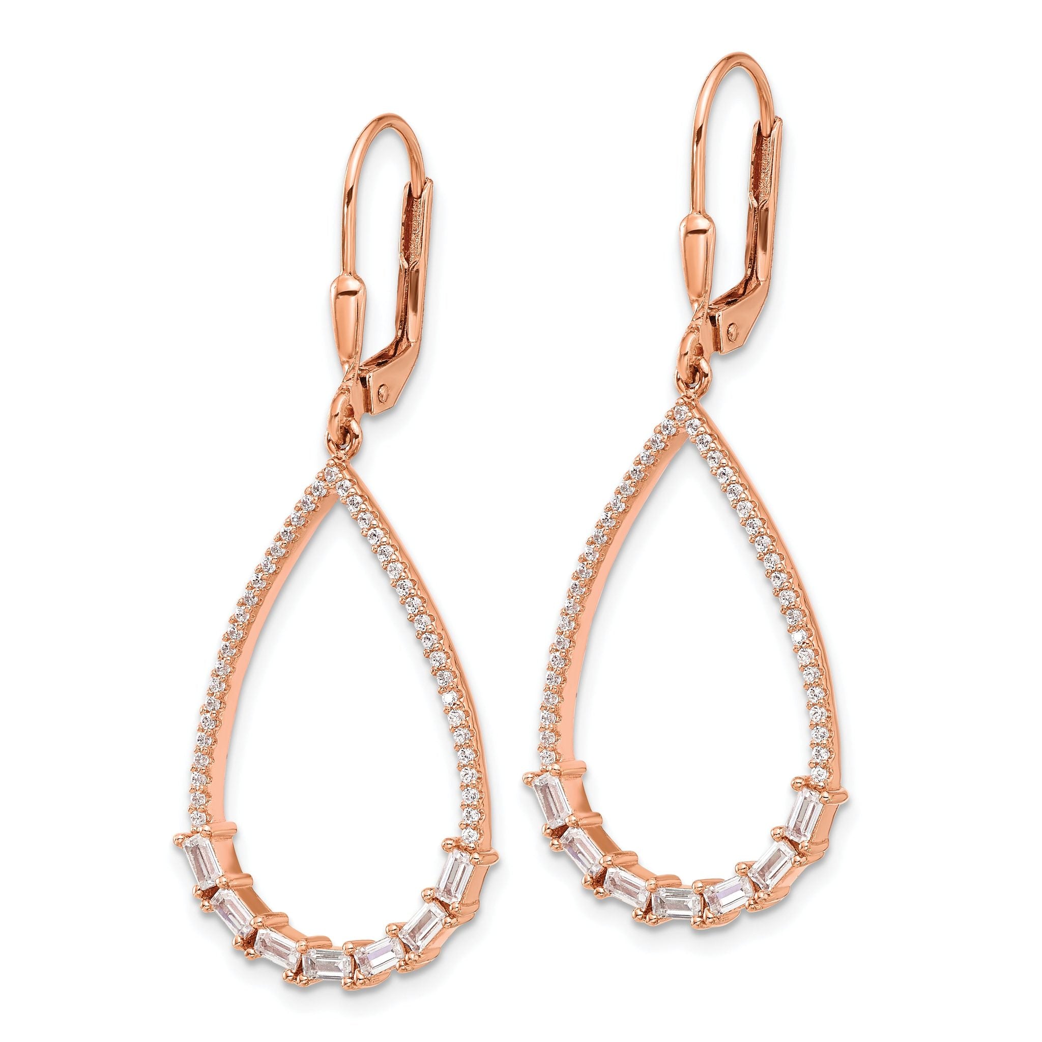 Sterling Shimmer Sterling Silver Rose-tone Flash Rose-gold Plated CZ 96 Stone Teardrop Dangle Leverback Earrings Secondary image