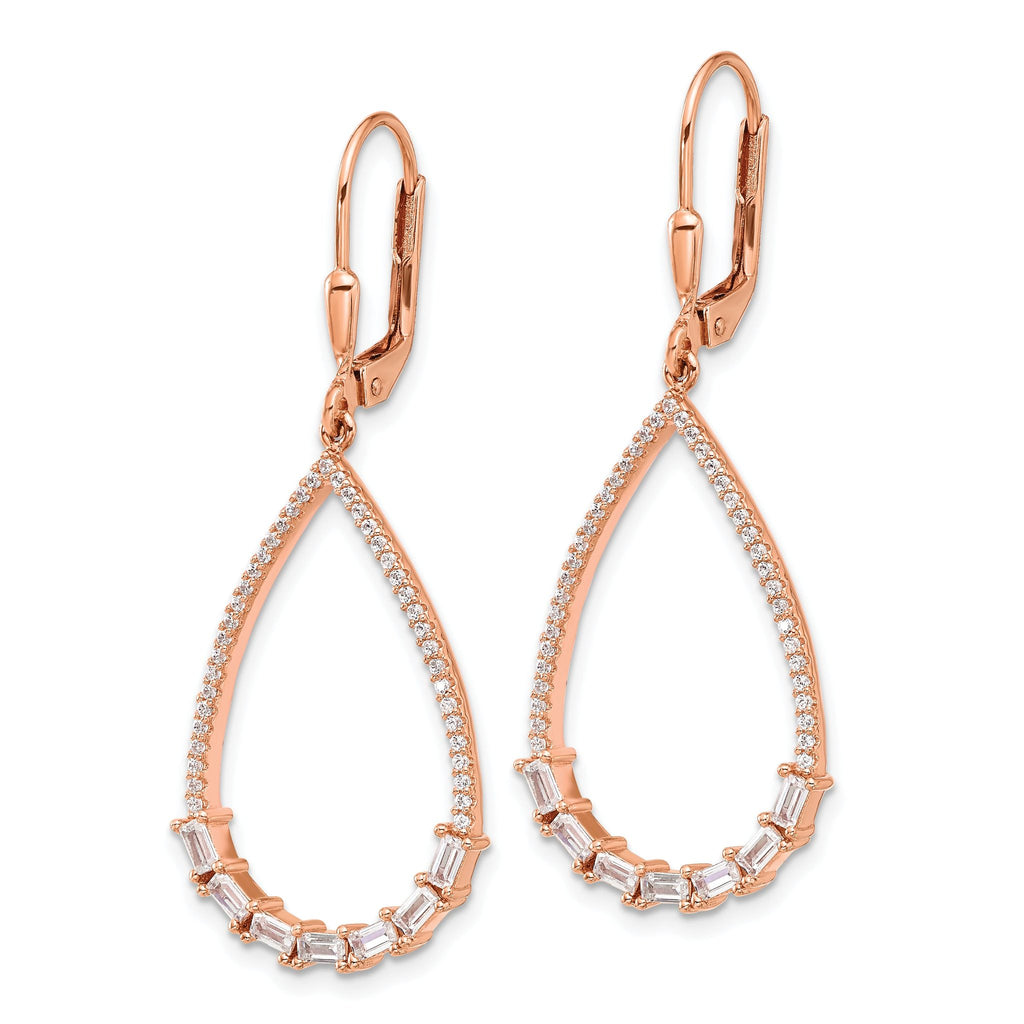 Sterling Shimmer Sterling Silver Rose-tone Flash Rose-gold Plated CZ 96 Stone Teardrop Dangle Leverback Earrings