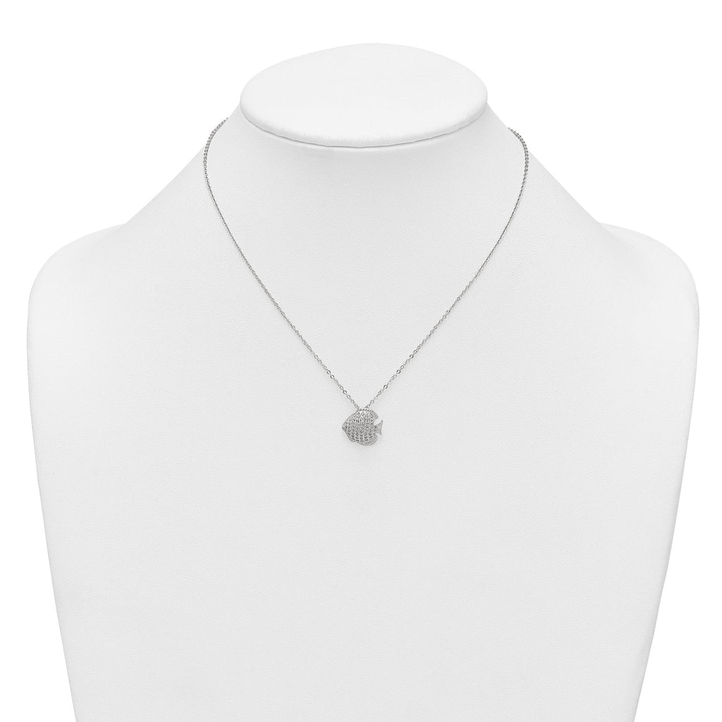 Sterling Silver Polished and Grooved CZ Fish 16 Inch with 2 Inch Extension Necklace