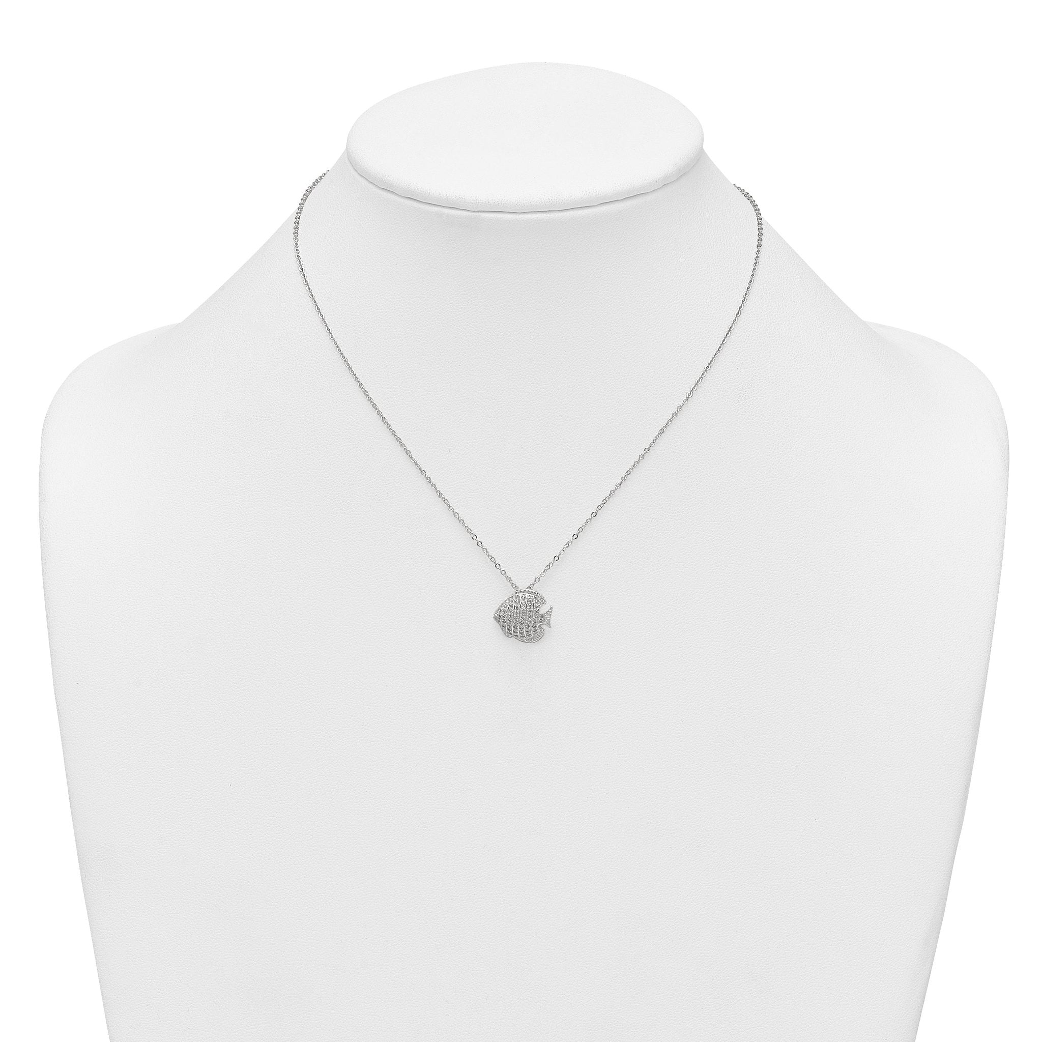 Sterling Silver Polished and Grooved CZ Fish 16 Inch with 2 Inch Extension Necklace