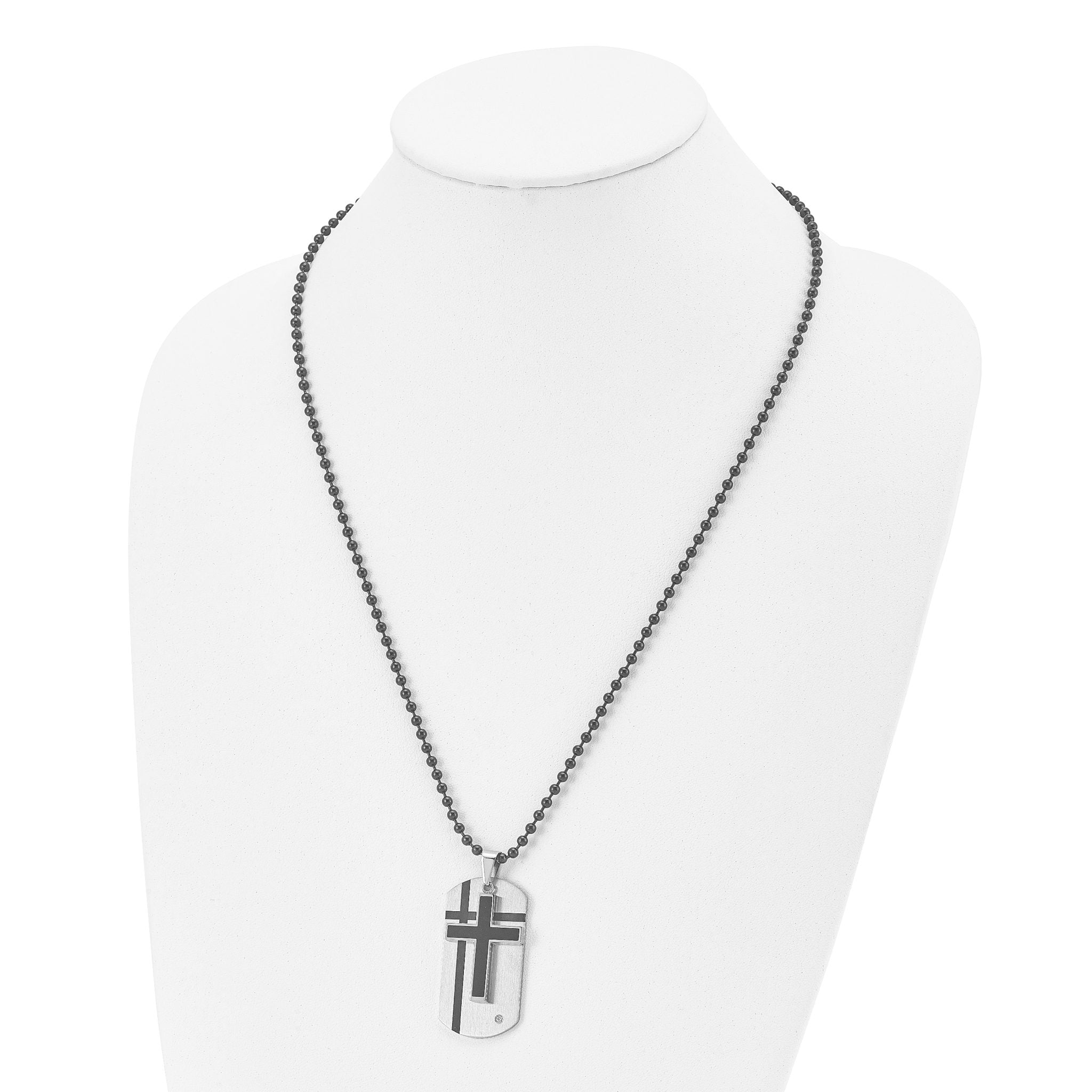 Chisel Stainless Steel Brushed with Enamel and CZ 2 Piece Cross Dog Tag on a 24 inch Ball Chain Necklace