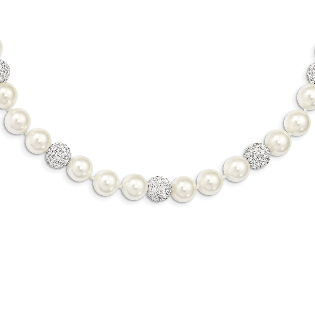 Majestik Sterling Silver Hand-Knotted Shell Pearl Crystal Necklace 20