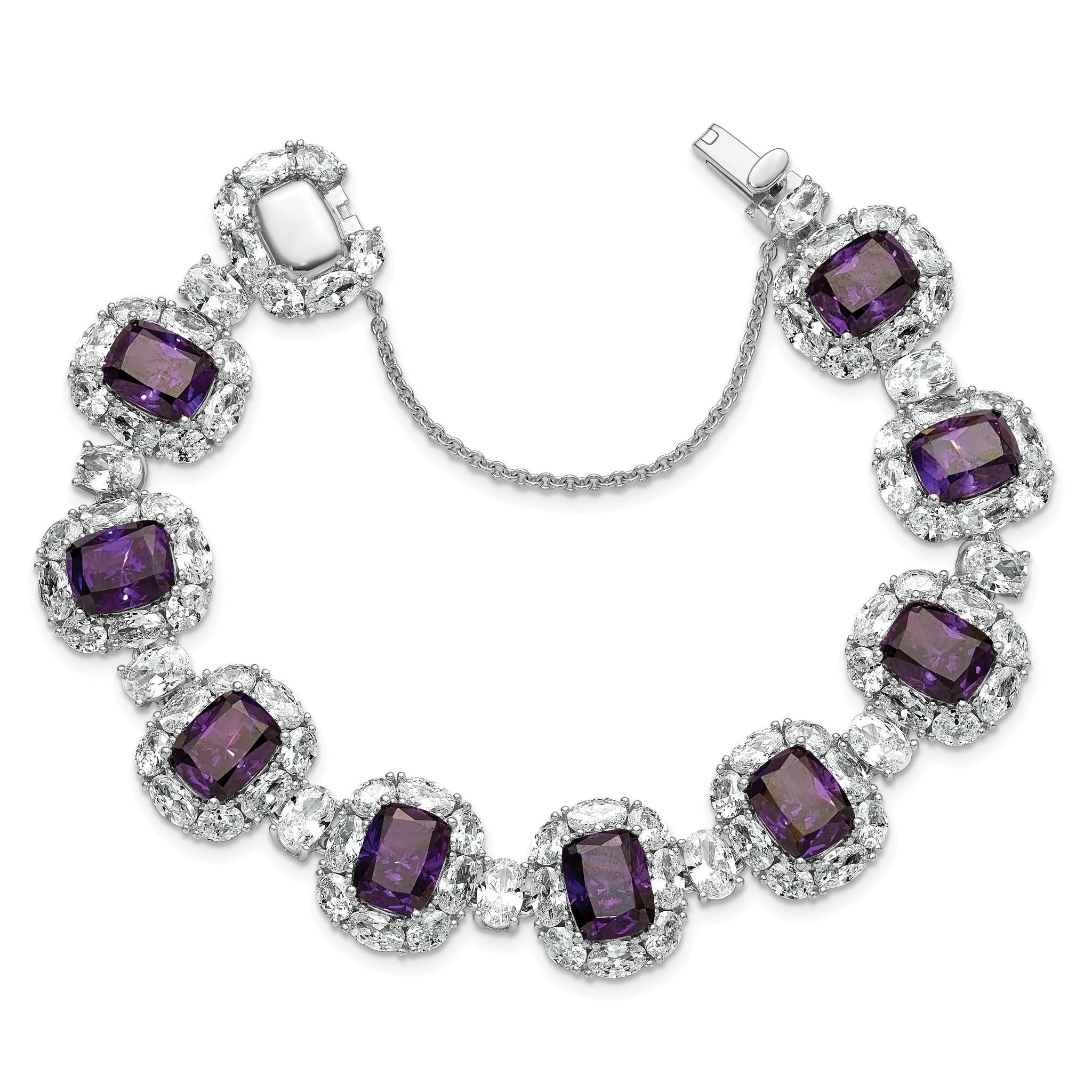 Cheryl M Sterling Silver Rhodium-plated Polished Fancy Purple and White CZ Halo Cluster with Safety Chain 7 Inch Bracelet