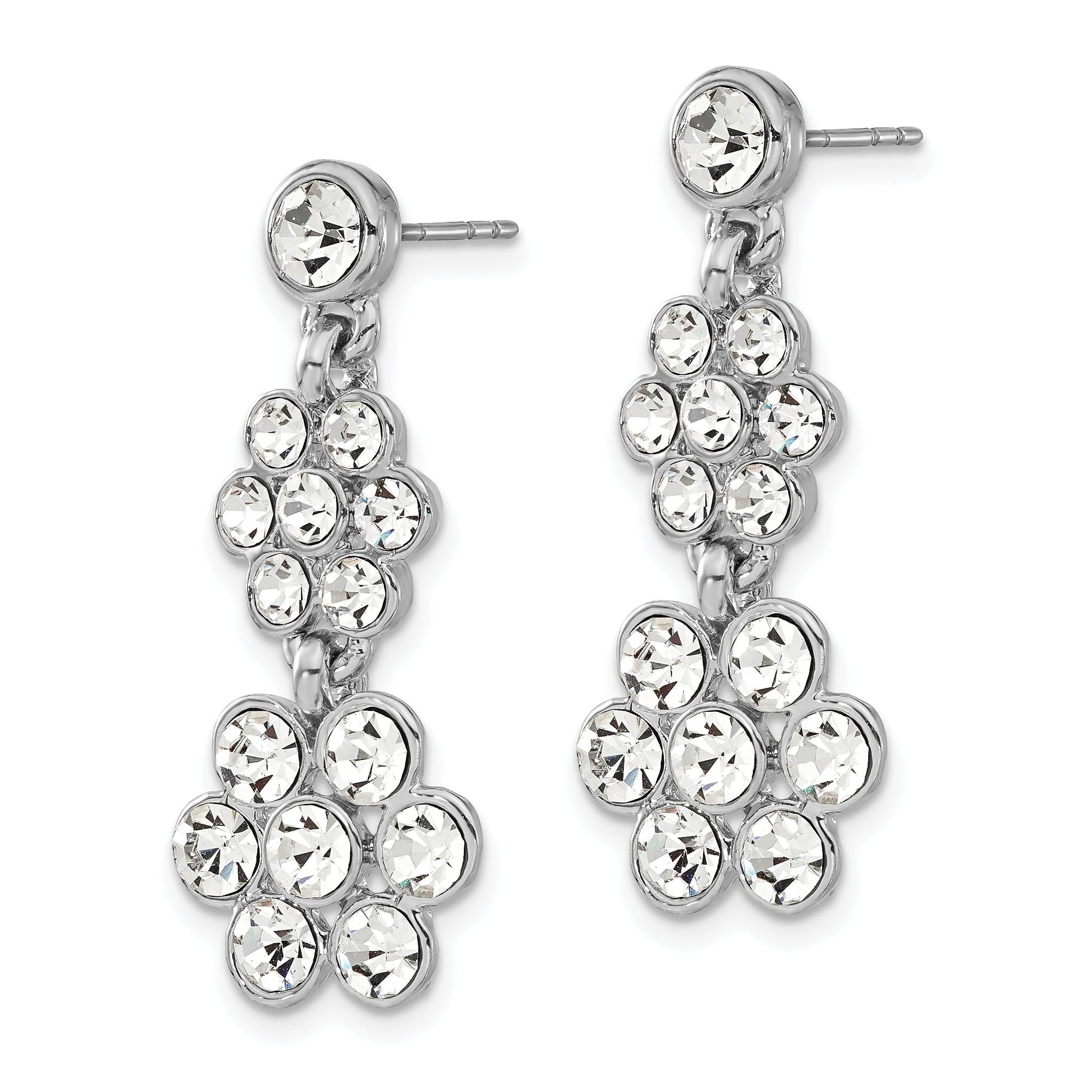 1928 Silver-tone White Crystal Flower Post Dangle Earrings Secondary image