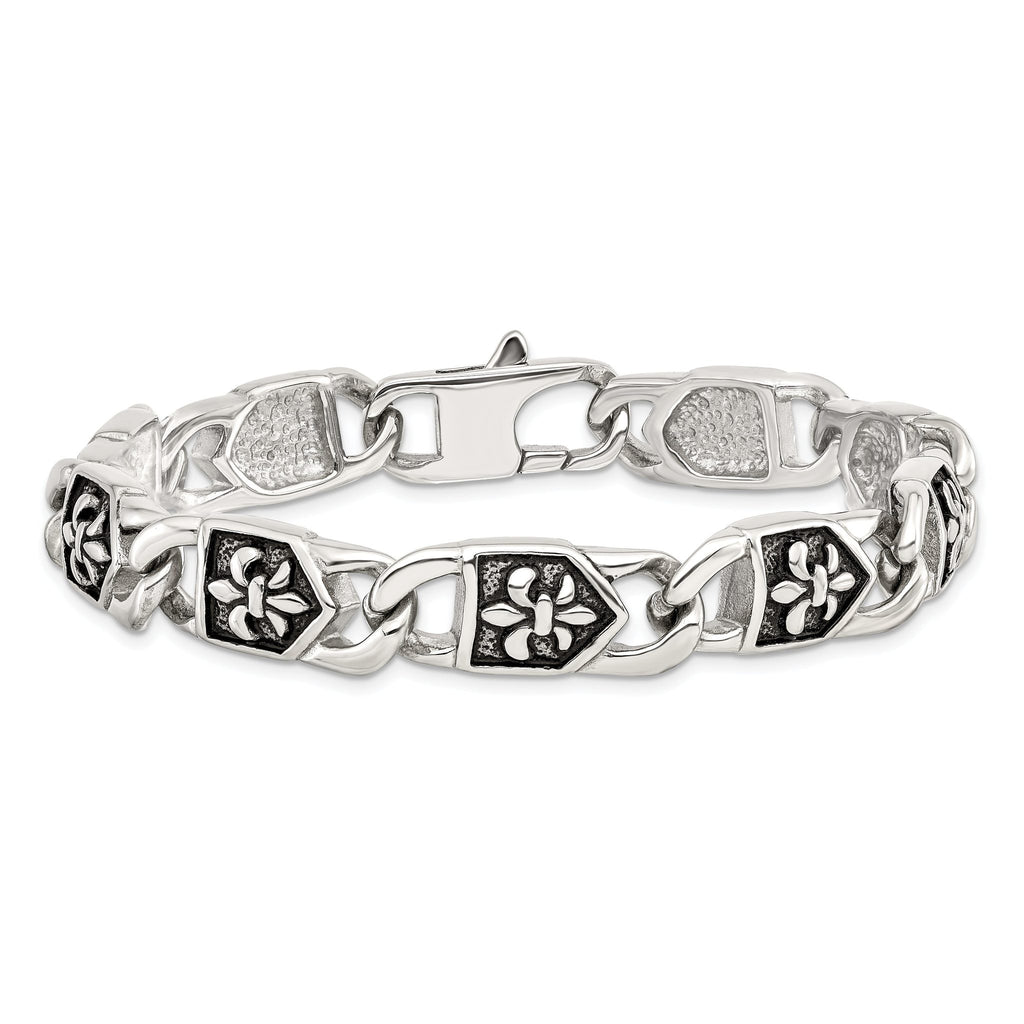 Stainless Steel Antiqued and Polished Fleur de Lis Link Bracelet for Men