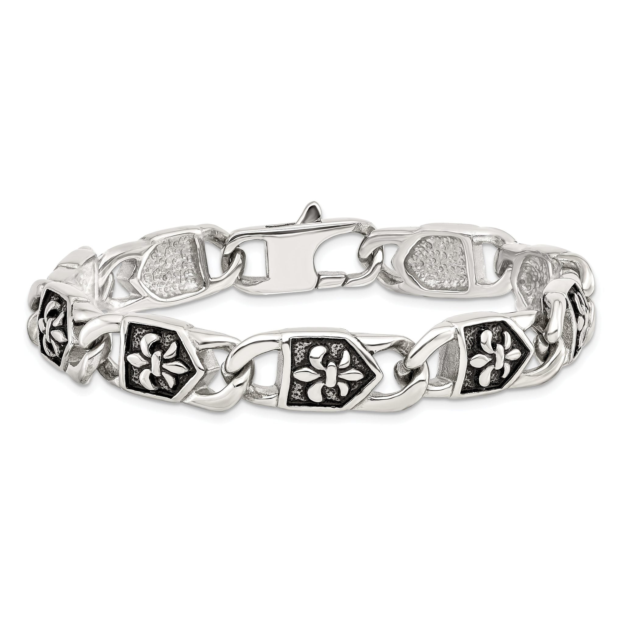 Stainless Steel Antiqued and Polished Fleur de Lis Link Bracelet for Men