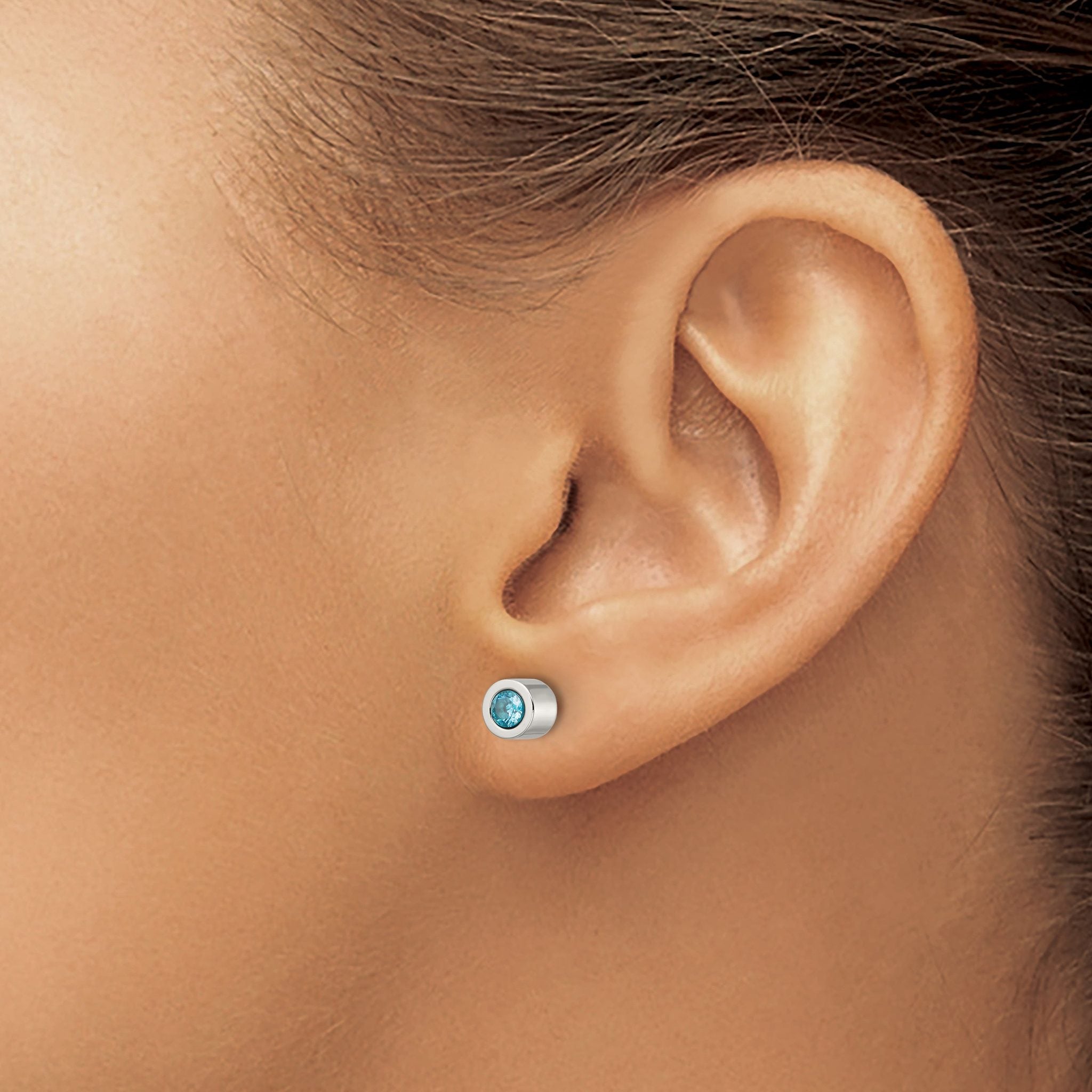 Stainless Steel Polished Blue Cubic Zirconia Birthstone Stud Earrings for Women
