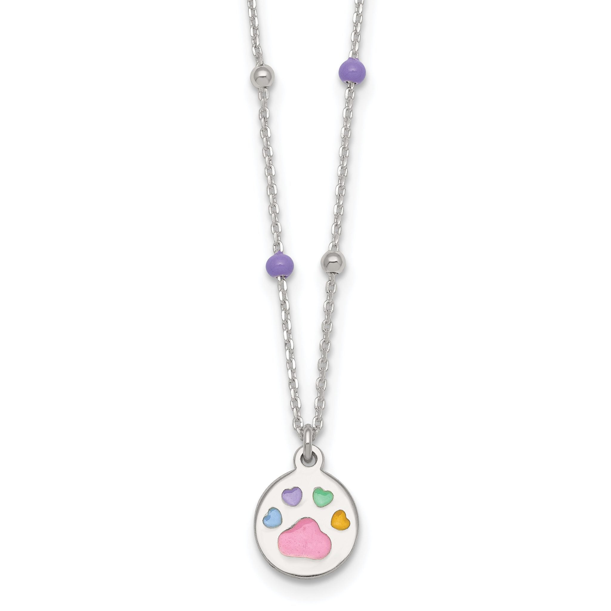 Sterling Silver Polished Beaded Enameled Multi-color Heart Pawprint Childrens 14 inch Necklace Main image
