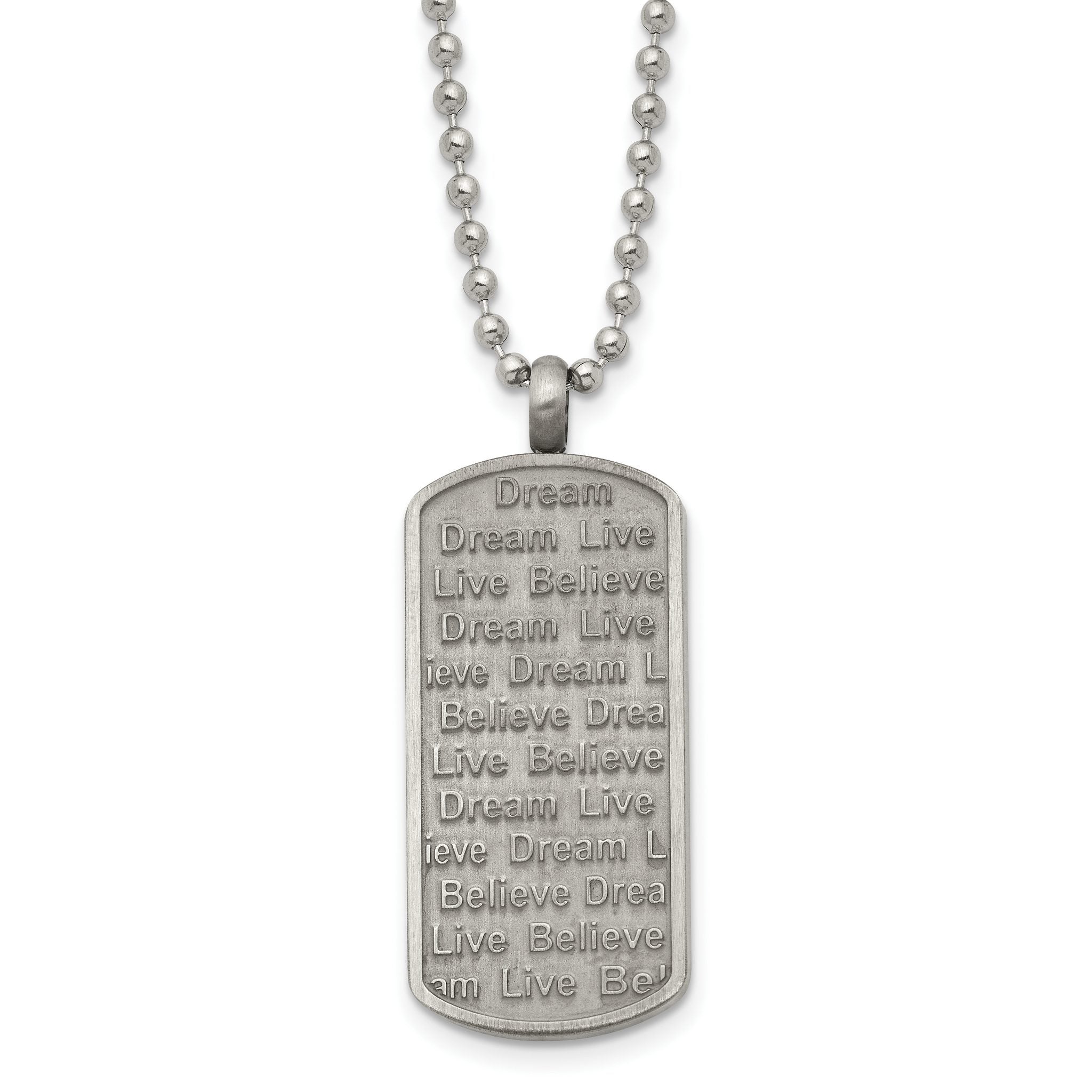 Chisel Stainless Steel Antiqued Brushed and Textured Live/Dream/Believe Dog Tag on a 24 inch Ball Chain Necklace Main image