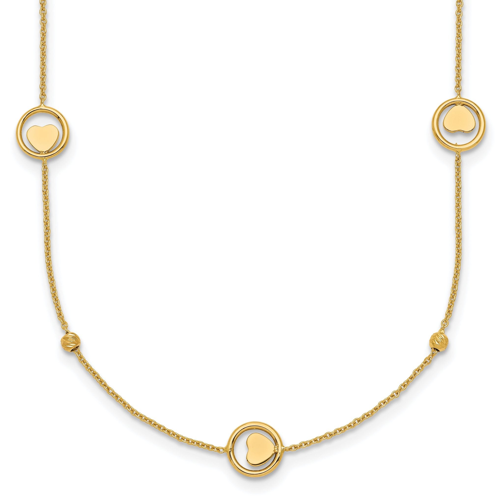 14k Polished Heart in Circle with Diamond-cut Beads 7-Station 16.75 inch Necklace Main image