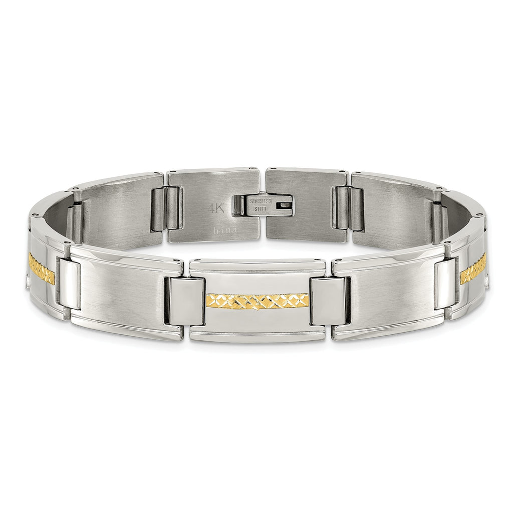 Stainless Steel with 14k Gold Accent Brushed and Polished Link Bracelet for Men
