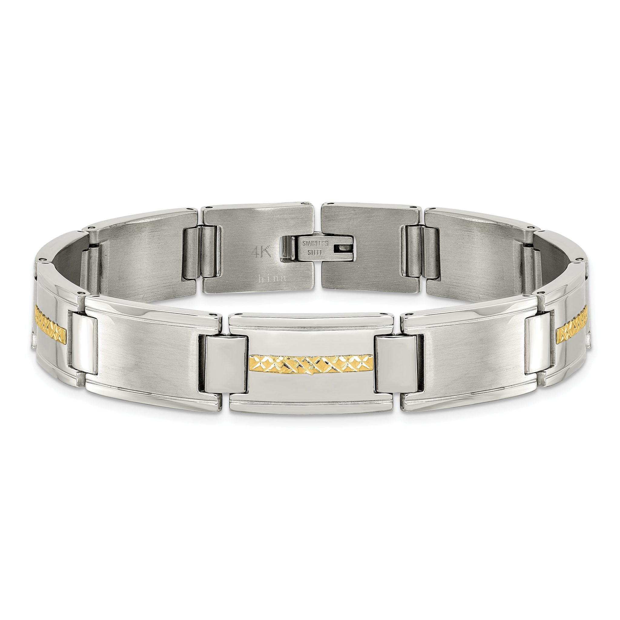 Stainless Steel with 14k Gold Accent Brushed and Polished Link Bracelet for Men
