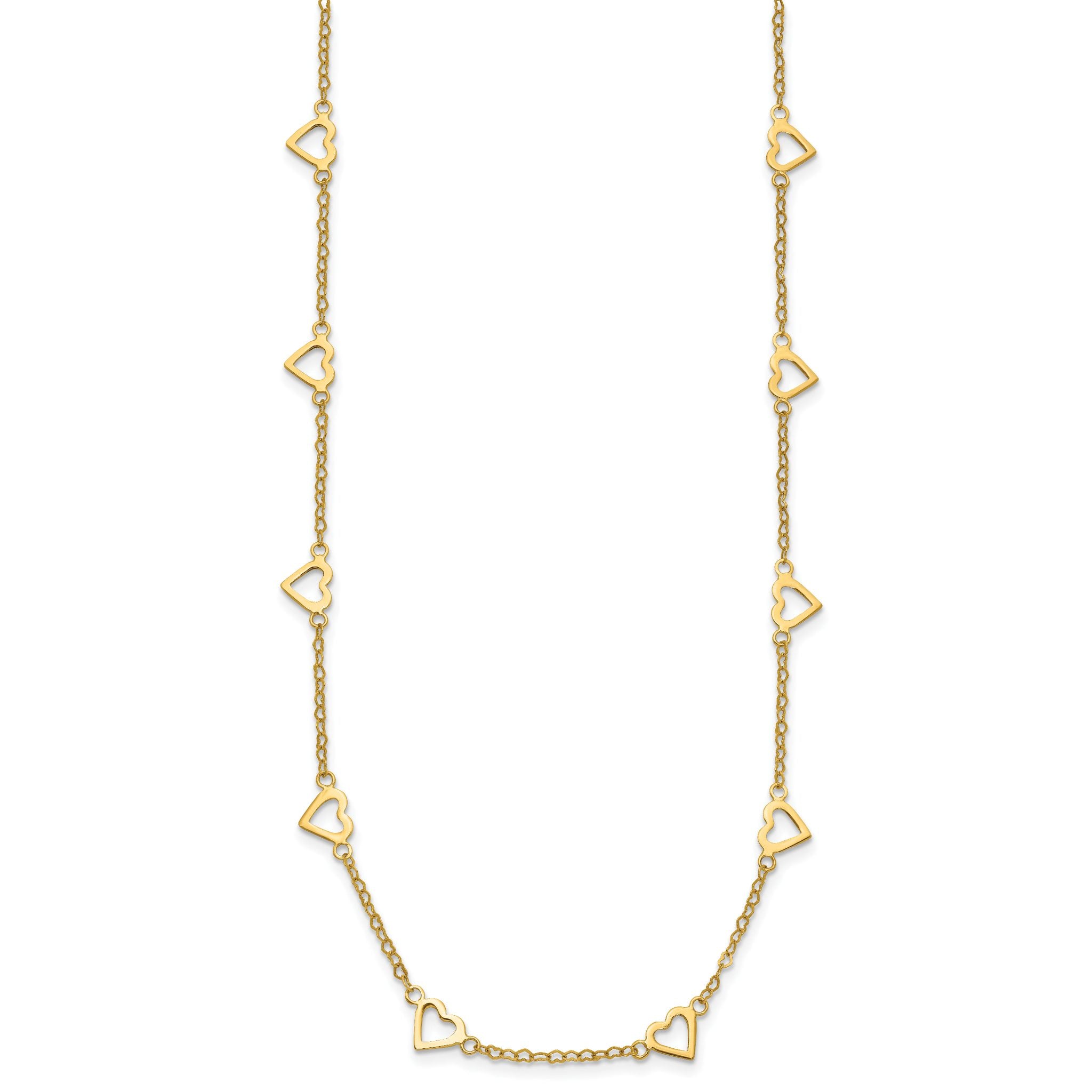 14K Gold Heart Link Necklace with Polished Open Hearts and 17-Station Design