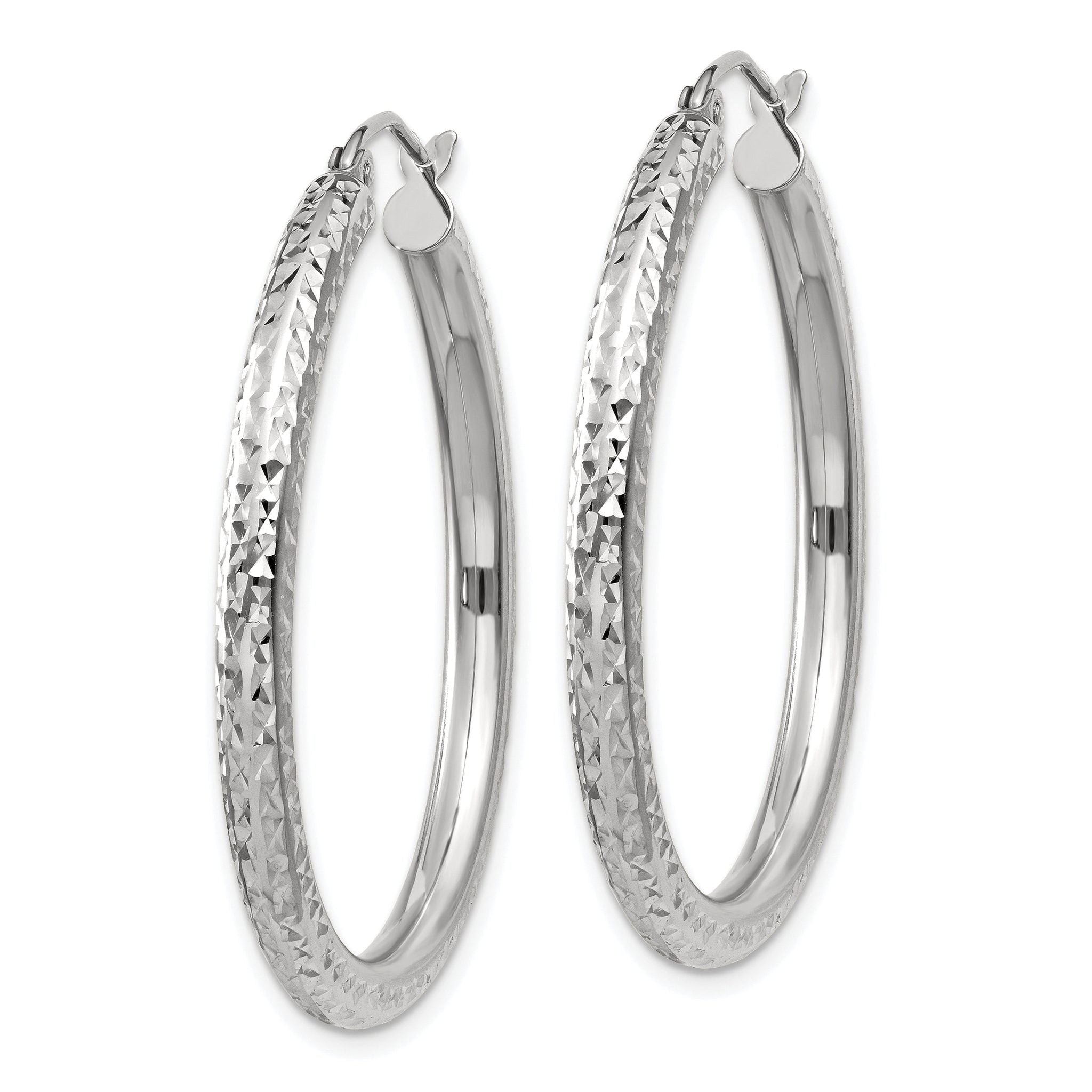 14k White Gold Diamond-cut 3mm Round Hoop Earrings Secondary image