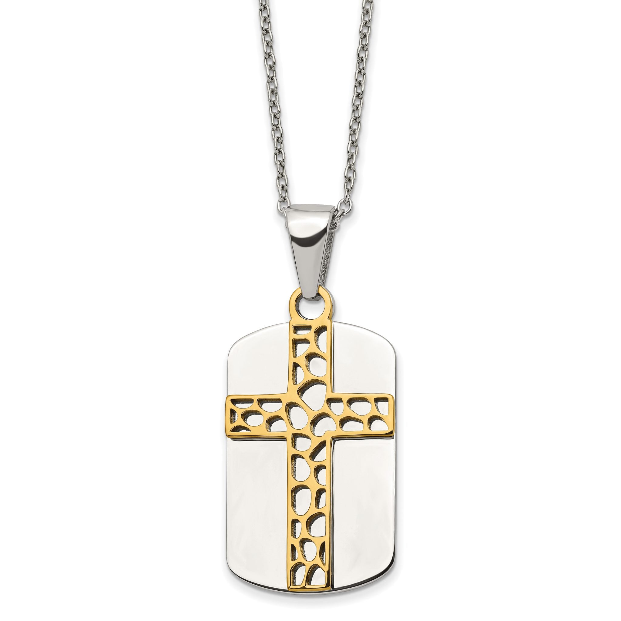 Chisel Stainless Steel Polished Yellow IP-plated 2 Piece Cut Out Cross Dog Tag on a 18 inch Cable Chain Necklace Main image