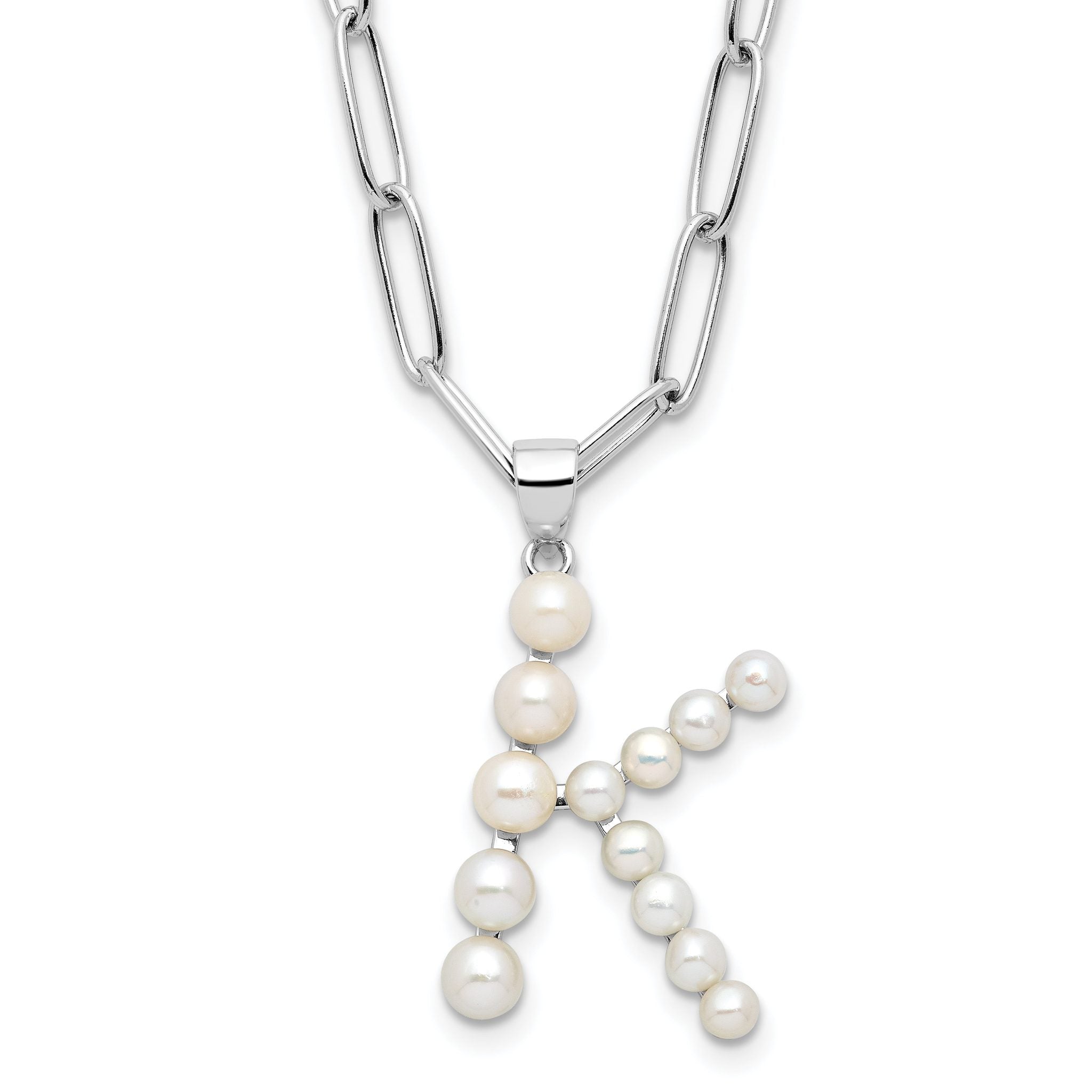 Sterling Silver Rhodium-Rhodium-Plated 3-5.5mm White Button Freshwater Cultured Pearl LETTER K 18 inch Necklace Main image