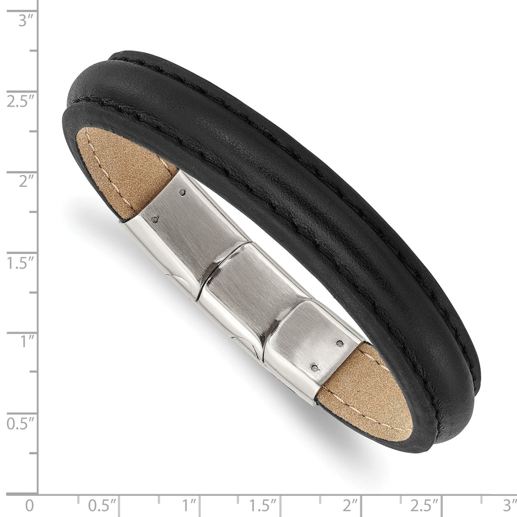 Stainless Steel Polished Black Leather with . ext Bracelet