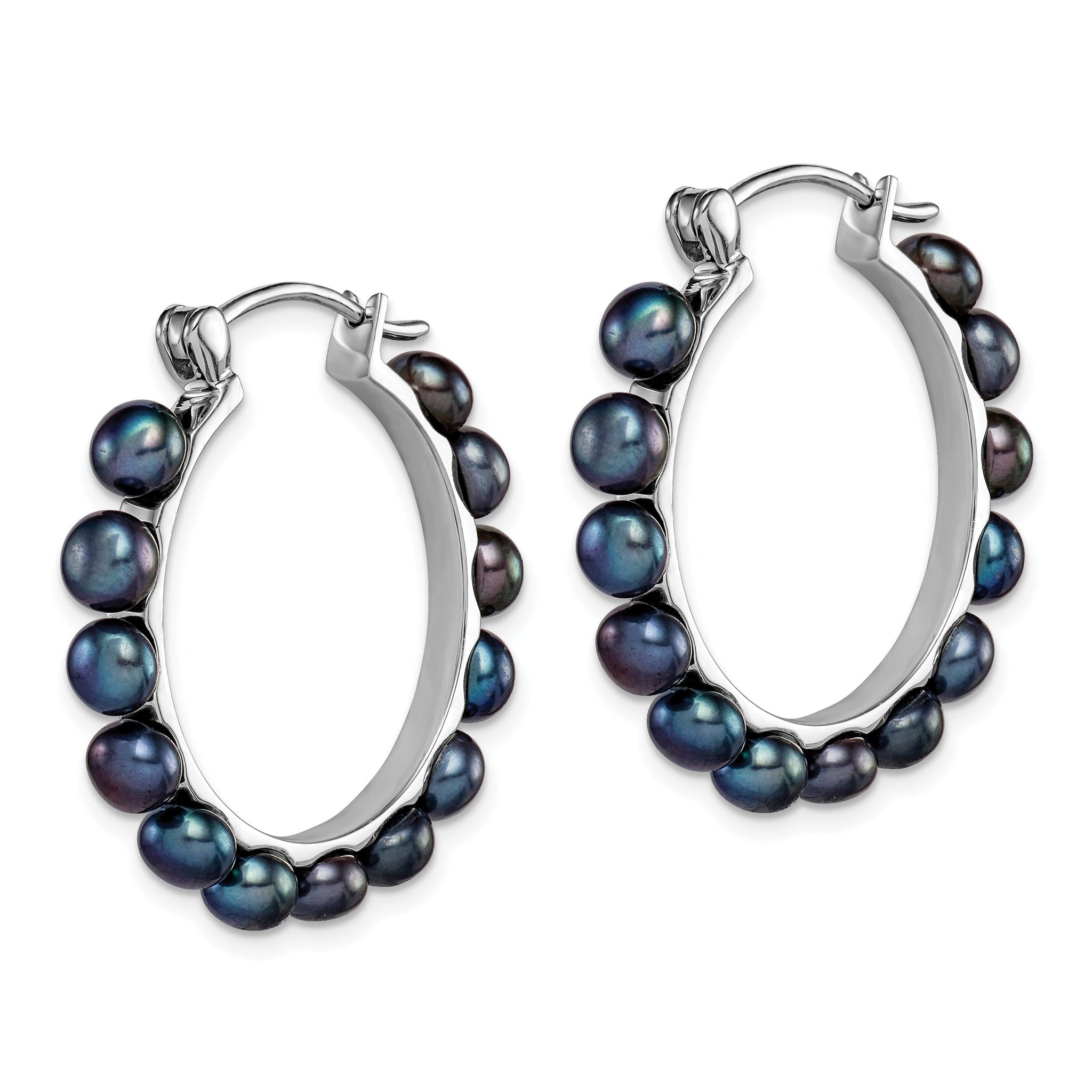 Sterling Silver Rhodium-plated Polished 4-5mm Black Freshwater Cultured Button Pearl Round Hoop Earrings Secondary image