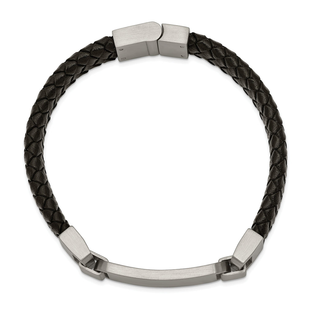 Stainless Steel Brushed Black Leather ID Bracelet for Men
