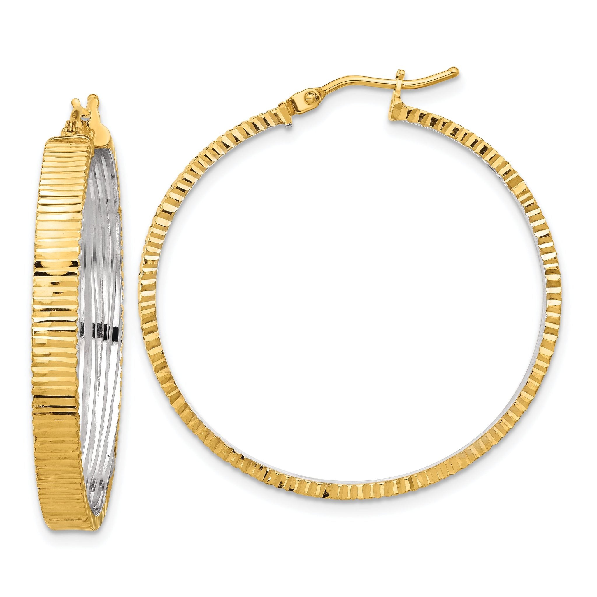 14K Polished and Rhodium Diamond-cut Circle Hoop Earrings Main image