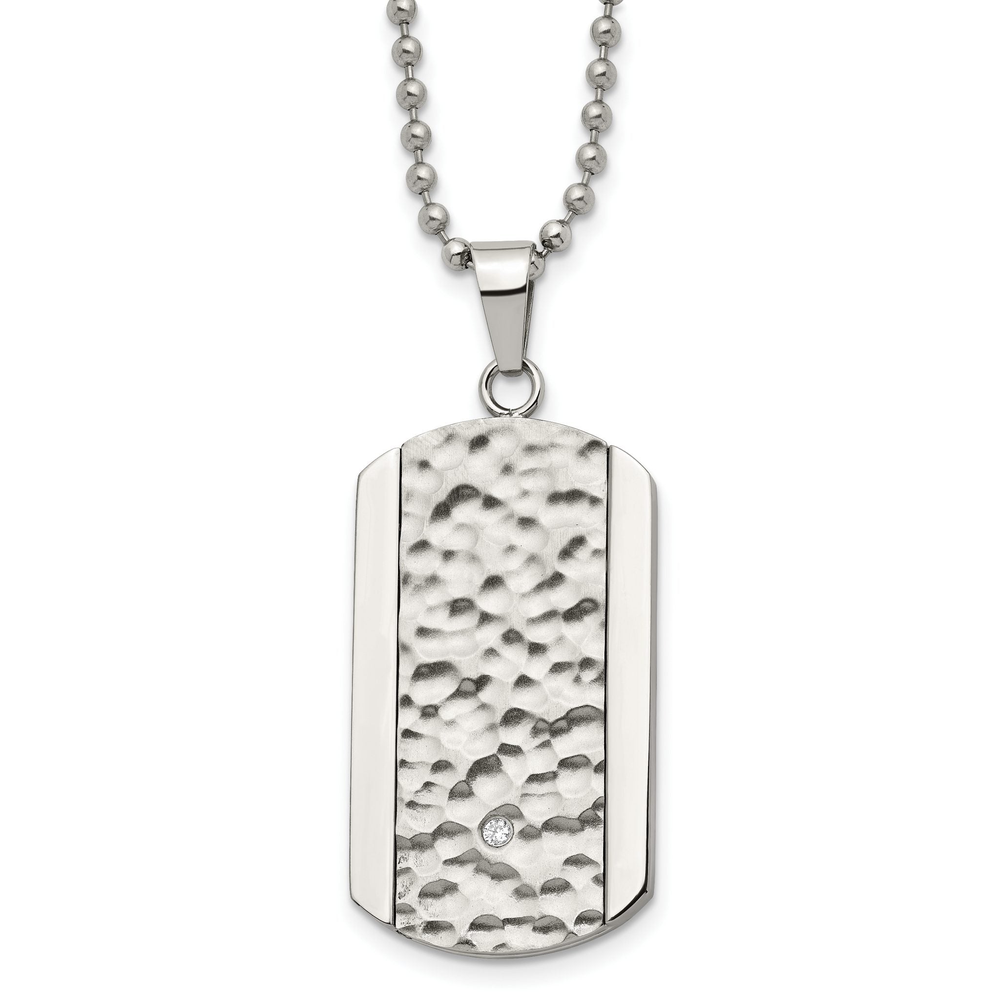 Chisel Stainless Steel Polished and Hammered with CZ Dog Tag on a 22 inch Ball Chain Necklace Main image