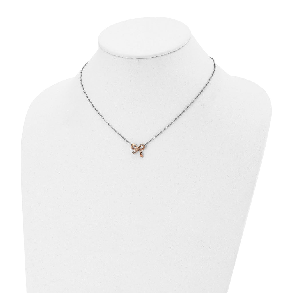 Stainless Steel Polished Rose IP-plated w/CZ Bow w/1.75in ext Necklace