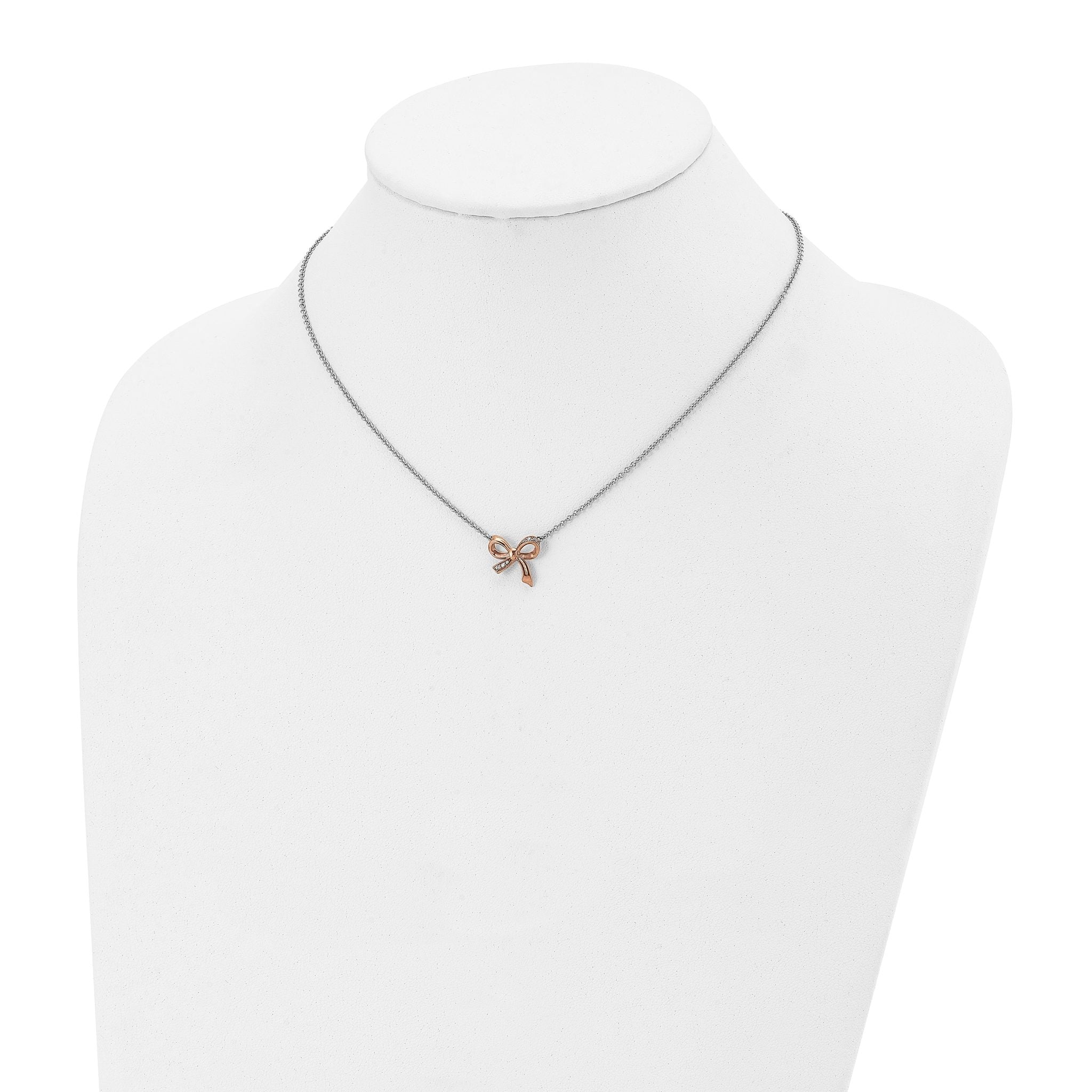 Stainless Steel Polished Rose IP-plated w/CZ Bow w/1.75in ext Necklace