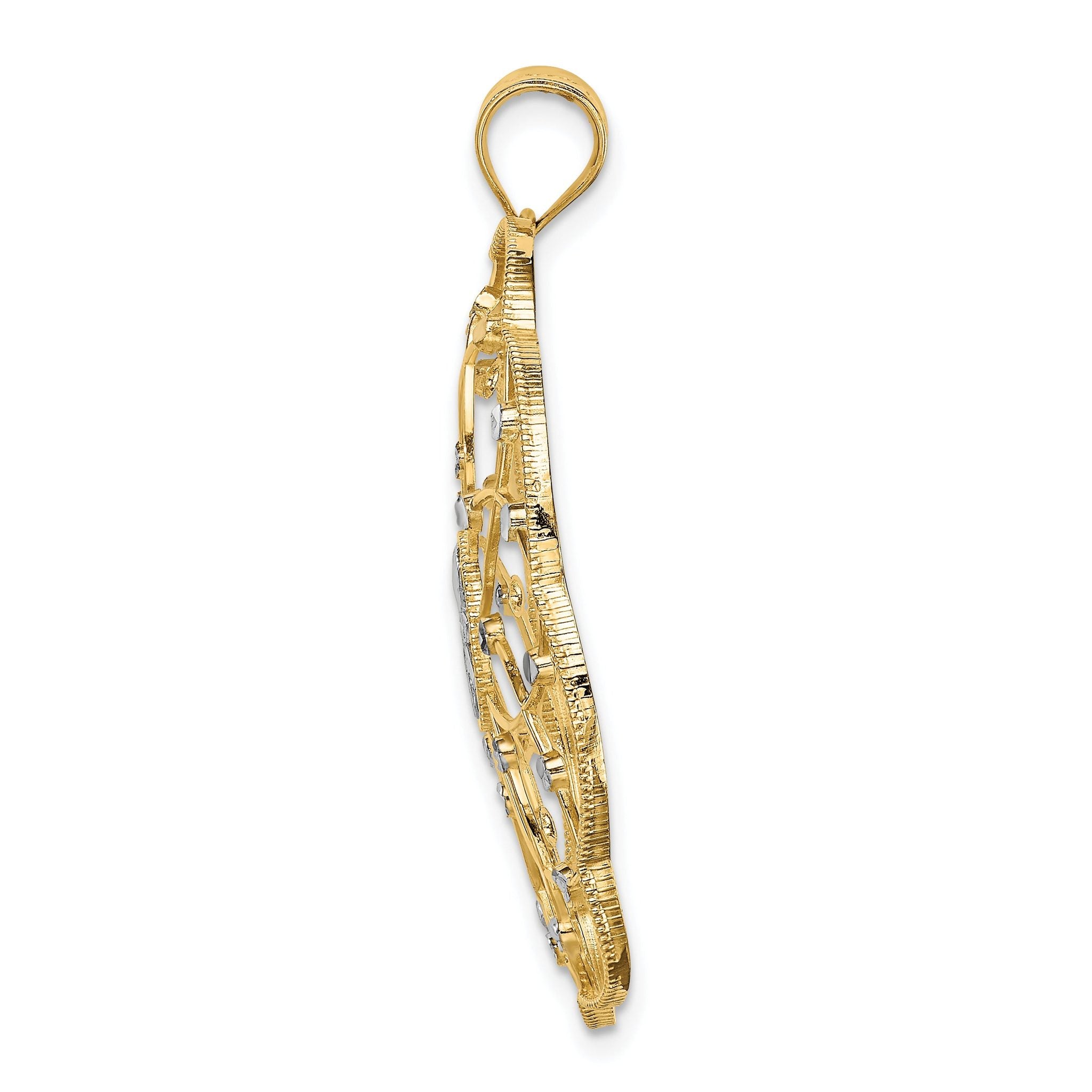 14K Gold and Rhodium Spiral Circle Pendant with Diamond-Cut Detail
