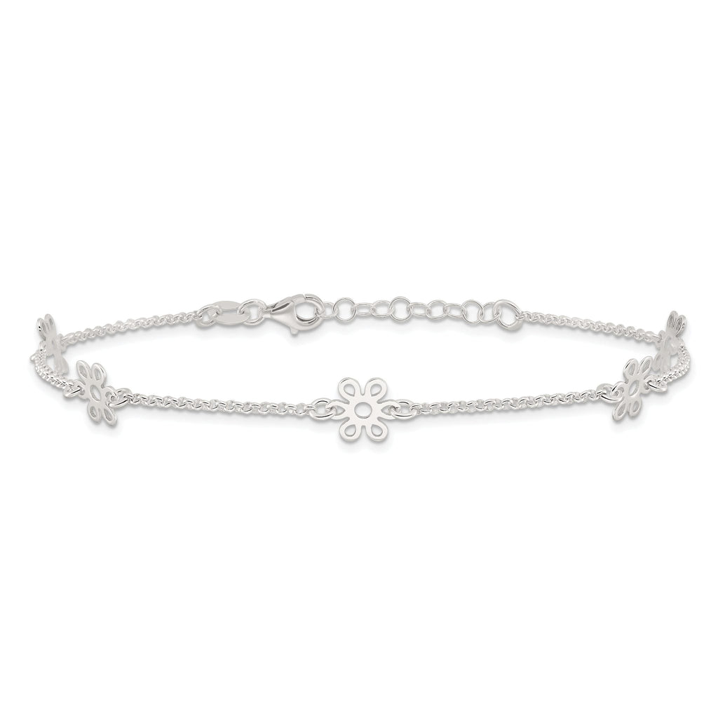 Sterling Silver Cable Chain/Flowers 5-Station 9 inch Plus 1 inch Extender - Total 10 inch Anklet