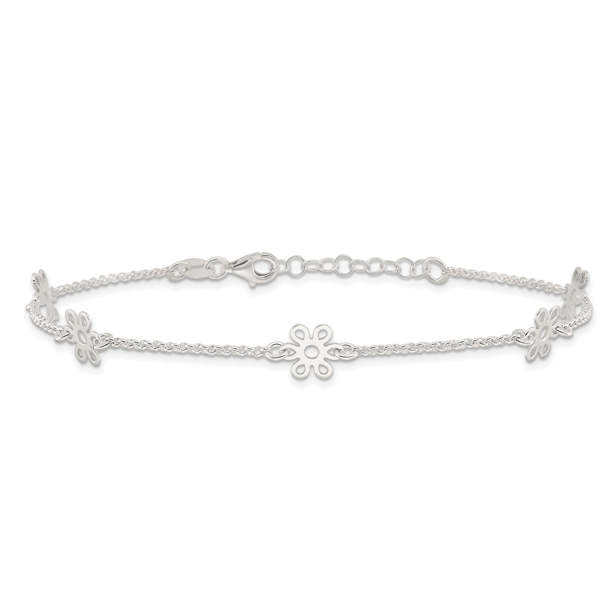Sterling Silver Cable Chain/Flowers 5-Station 9 inch Plus 1 inch Extender - Total 10 inch Anklet