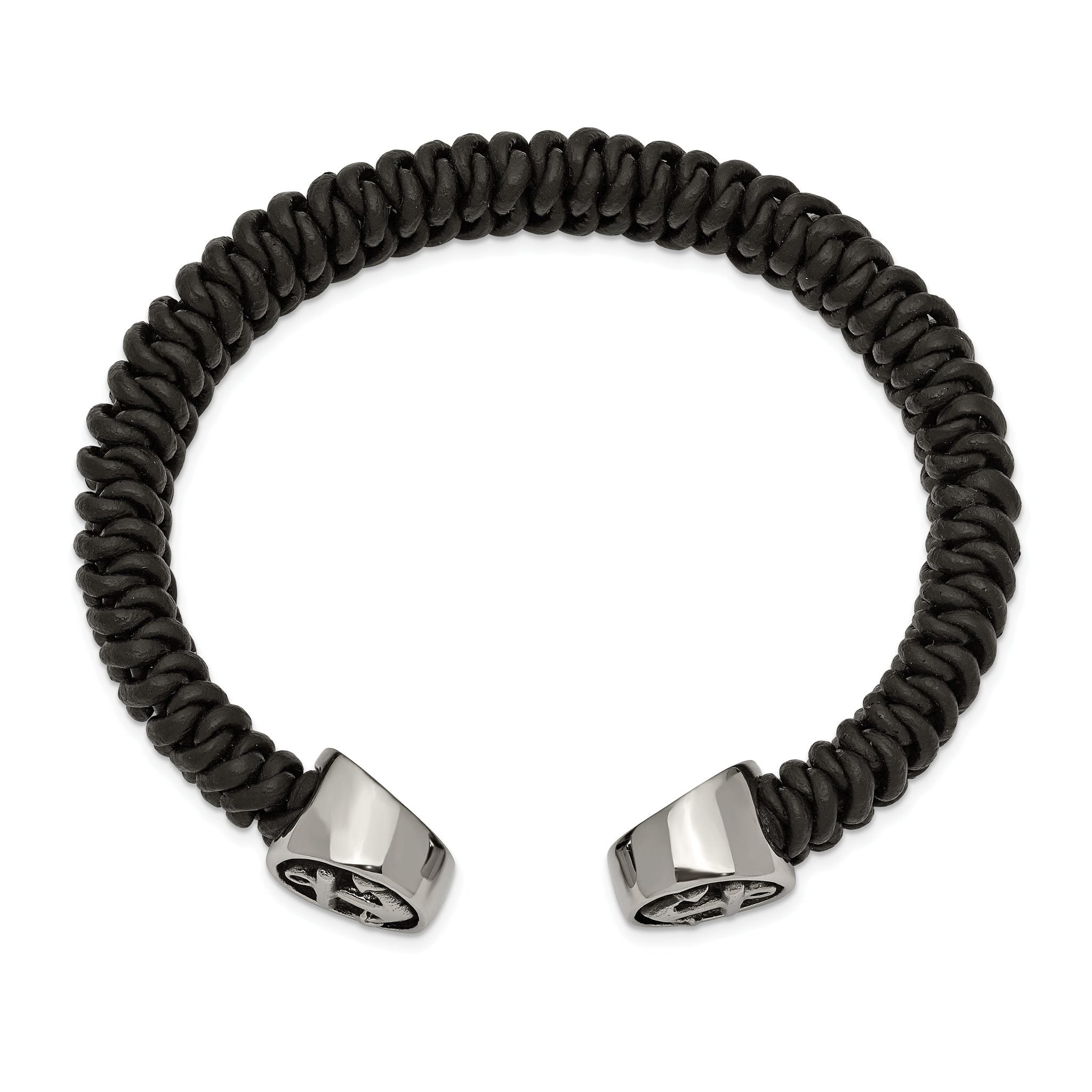 Stainless Steel Antiqued and Polished Black Leather Anchor Cuff Bangle Bracelet for Men Secondary image