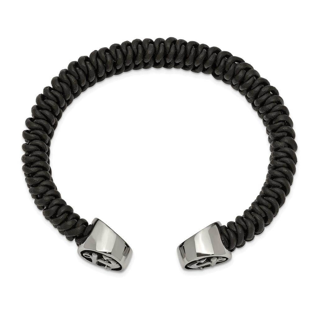 Stainless Steel Antiqued and Polished Black Leather Anchor Cuff Bangle Bracelet for Men