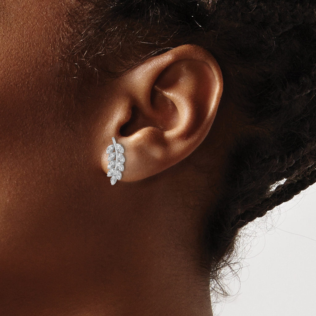 Cheryl M Sterling Silver Rhodium-plated Polished CZ Leaf Post Earrings