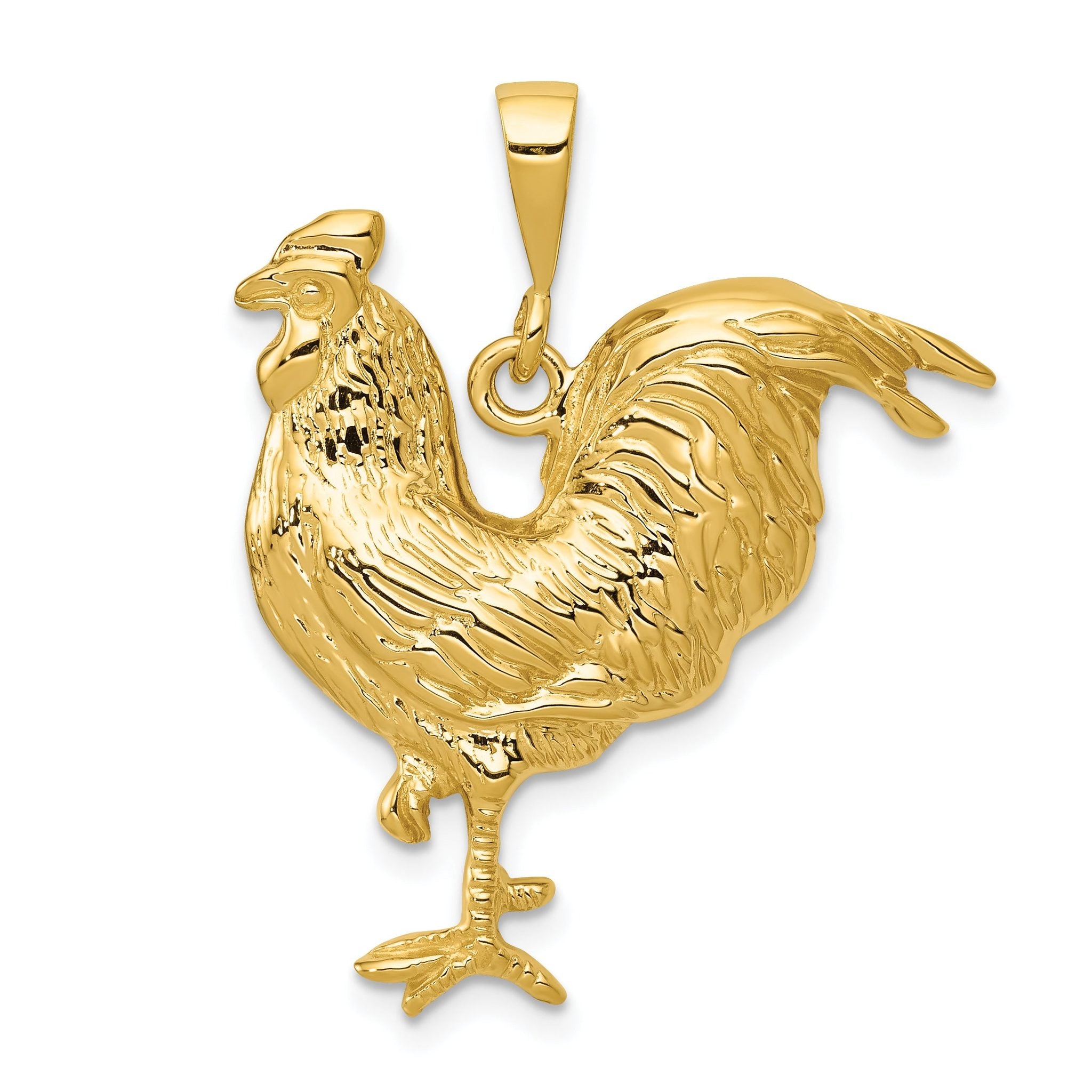 14K Gold Men's Polished Rooster Pendant with Textured Open-Back Design