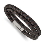 Stainless Steel Polished Black and Brown Braided Leather Wrap Bracelet for Men