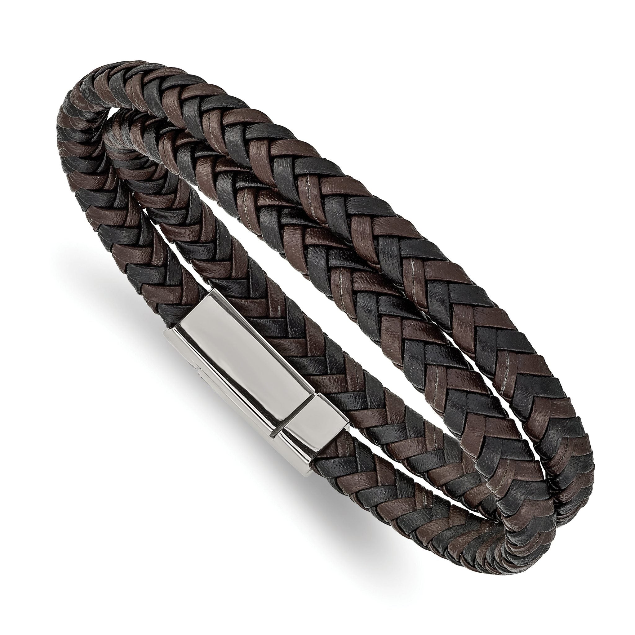 Stainless Steel Polished Black and Brown Braided Leather Wrap Bracelet for Men