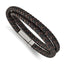Stainless Steel Polished Black and Brown Braided Leather Wrap Bracelet for Men