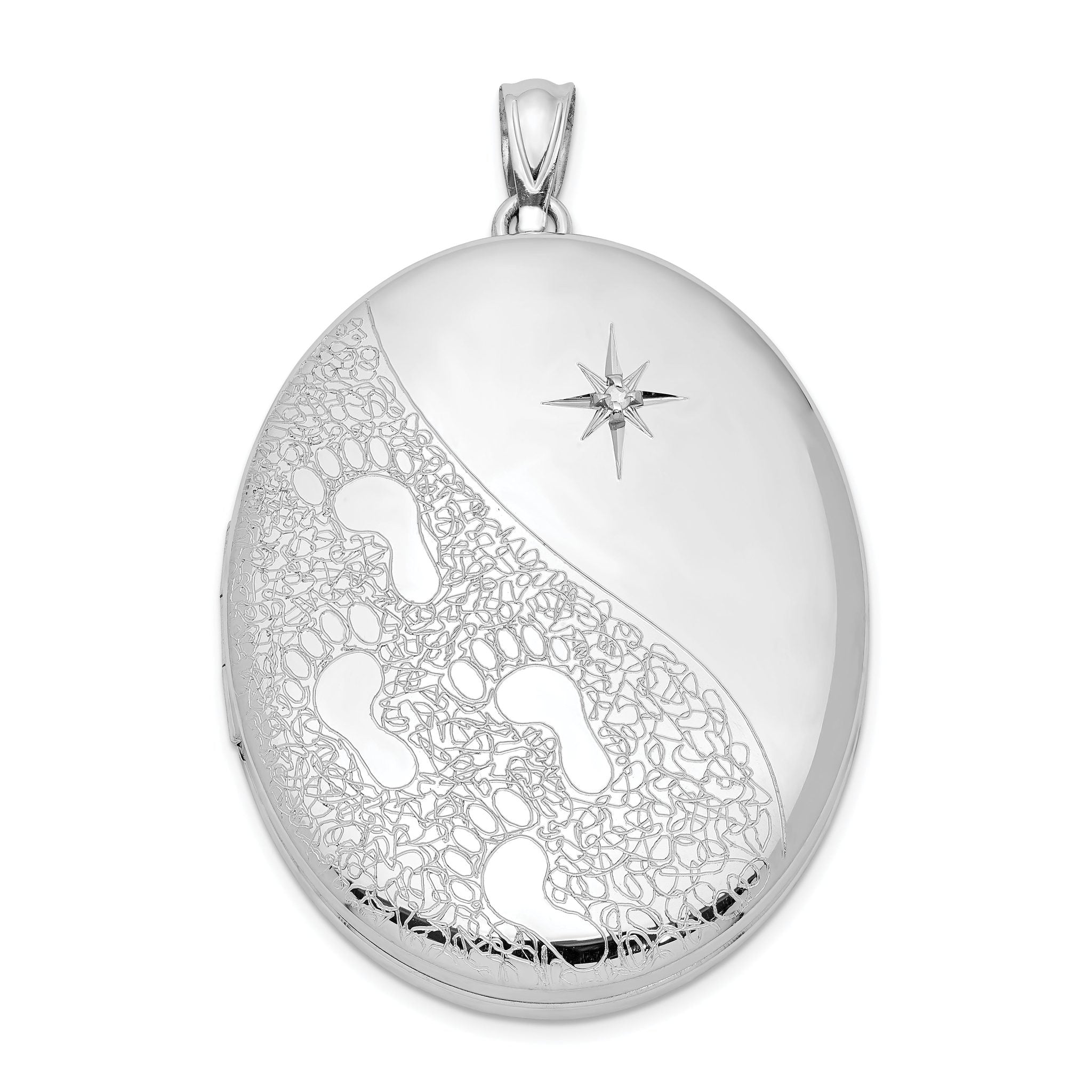 Sterling Silver Rhodium-plated & Diamond Footprints 34mm Oval Locket Main image