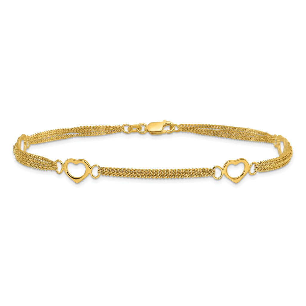 Sterling Silver Gold-tone Polished Heart Multi-Strand 10in Anklet