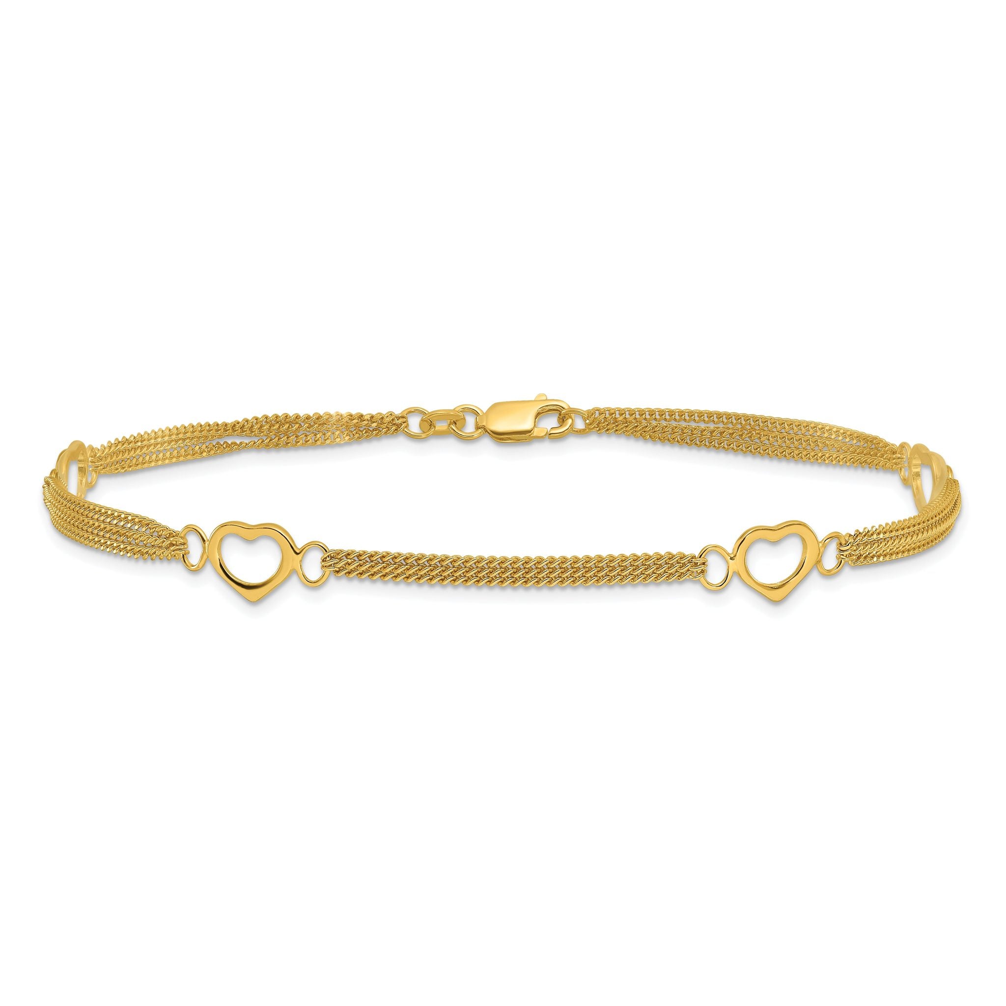 Sterling Silver Gold-tone Polished Heart Multi-Strand 10in Anklet