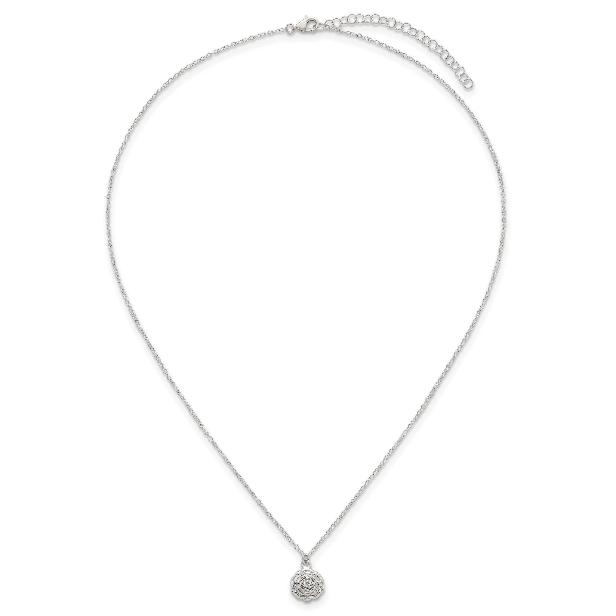 Sterling Silver Polished CZ Flower 16 Inch with 2 Inch Extension Necklace