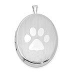 Sterling Silver Rhodium-plated Oval Satin & Polished Paw Print Locket