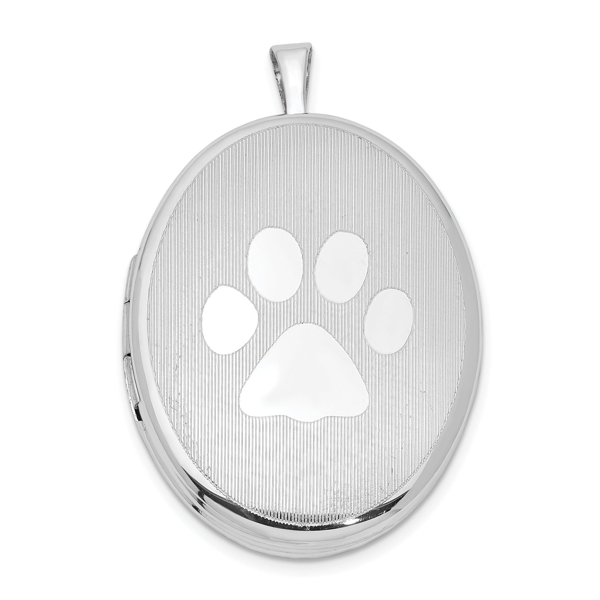 Sterling Silver Rhodium-plated Oval Satin & Polished Paw Print Locket