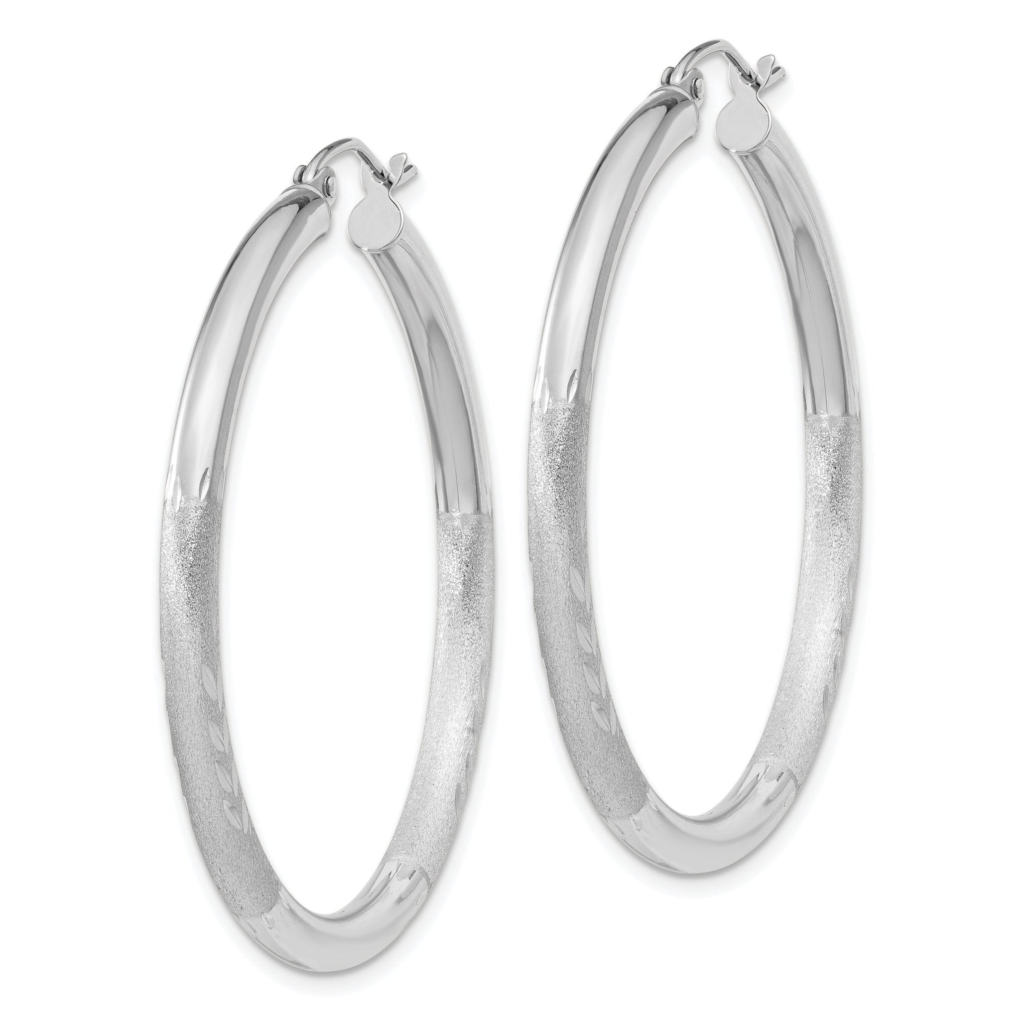 10K White Gold Diamond-Cut Satin Hoop Earrings with Polished Finish Secondary image