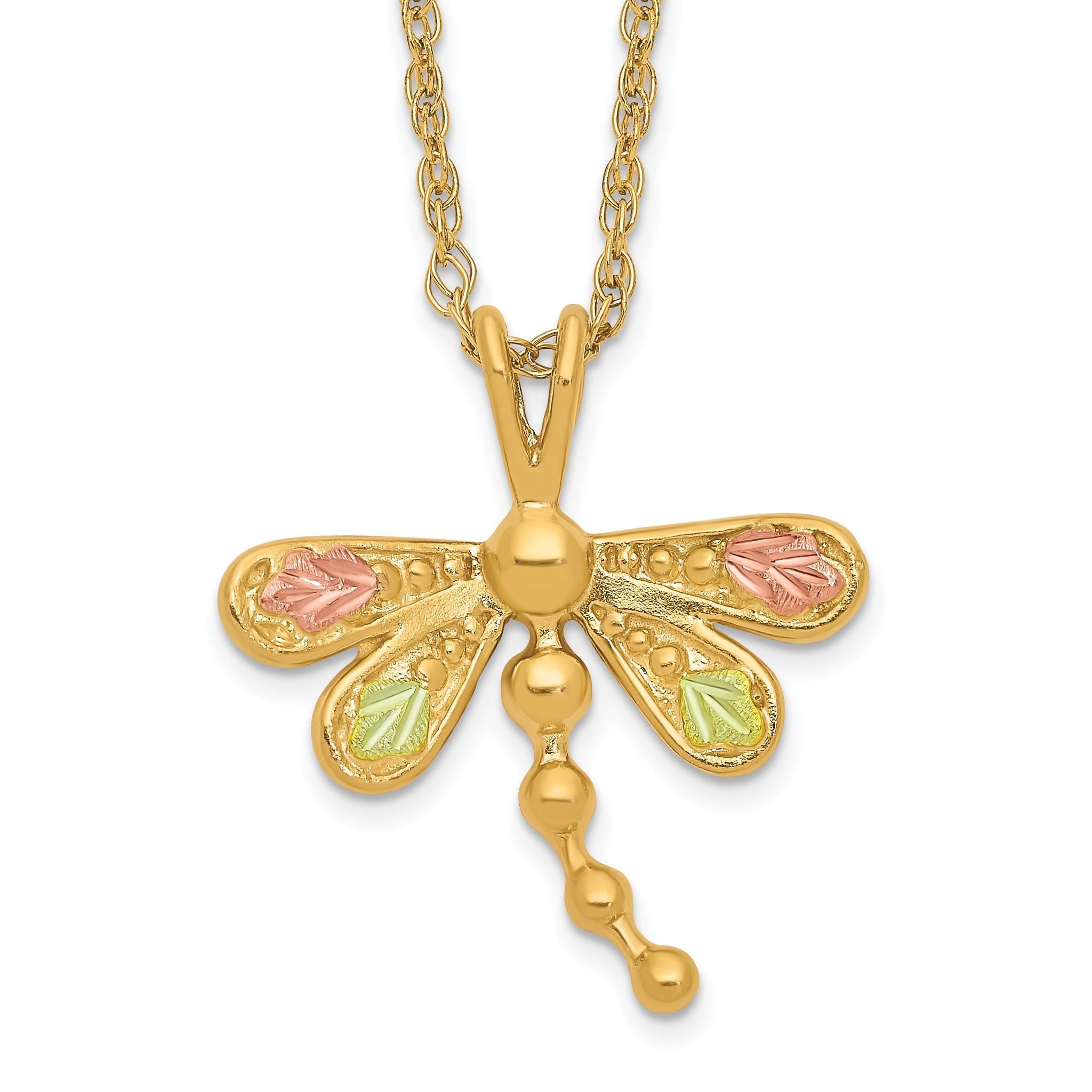 10K Tri-Color Gold Dragonfly Necklace with Polished Diamond-Cut Design Main image